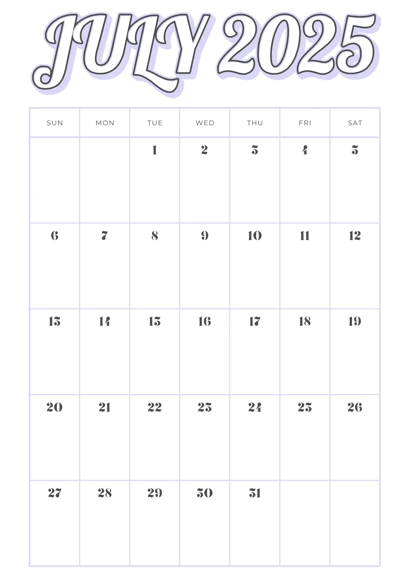 Minimalist July 2025 printable calendar with a Sunday start, soft pastel design, large header, and spacious boxes for each day.
