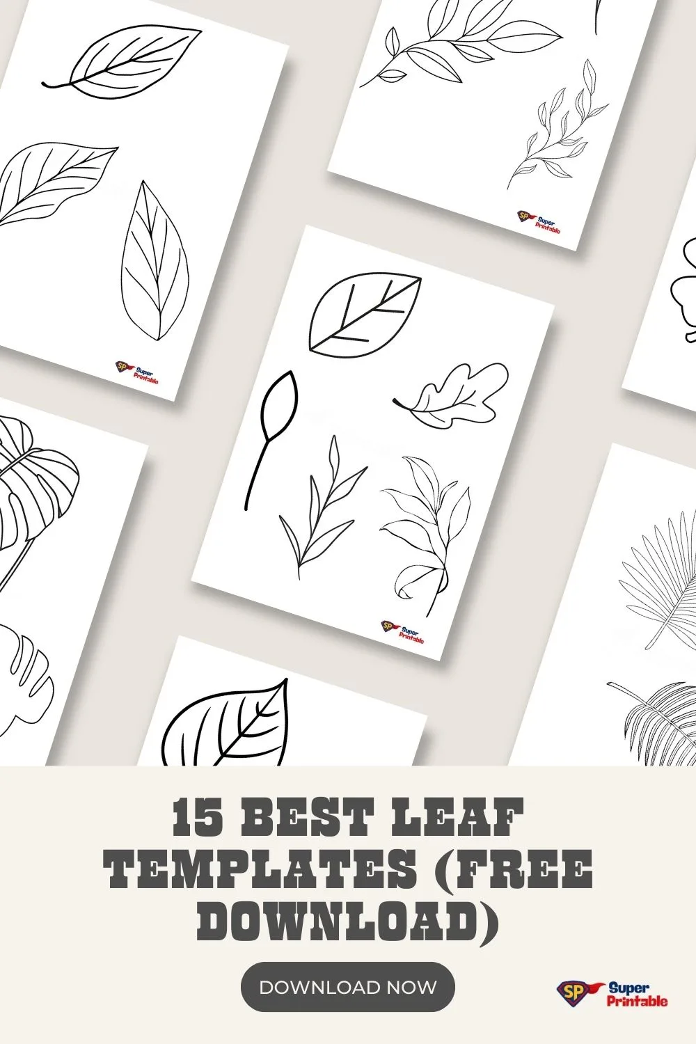 Collage of black and white leaf templates with different designs, placed on a beige background. A call-to-action reads, "15 Best Leaf Templates (Free Download)."
