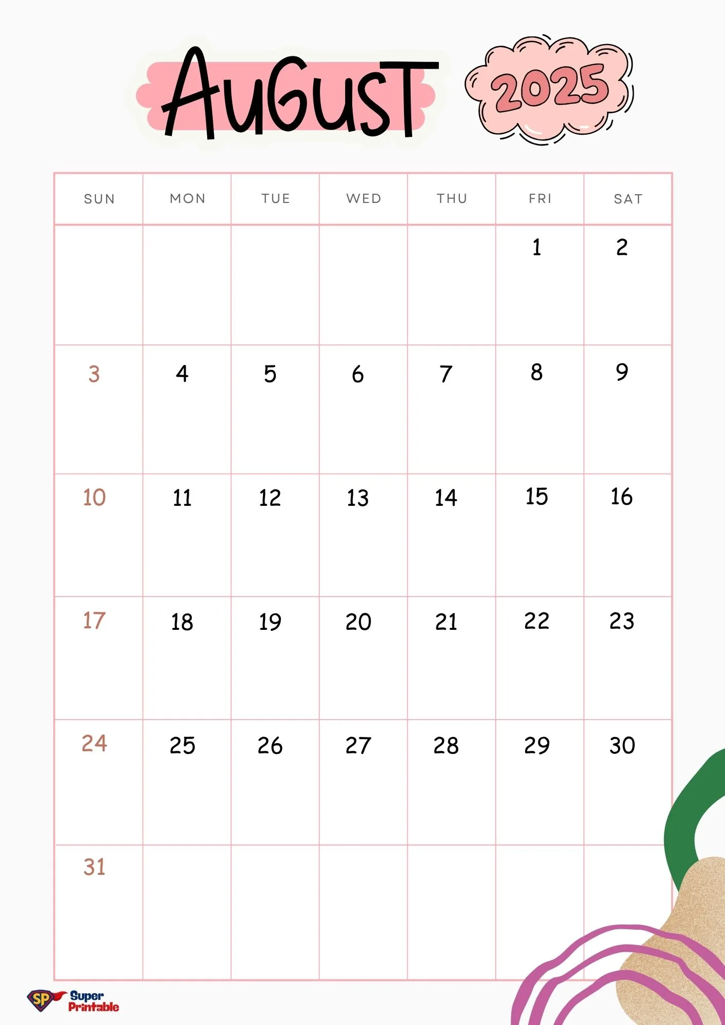 Calendar for August 2025 with a pink theme. Days are organized in a grid starting with Sunday. Decorative doodles adorn the corners, adding a playful touch.