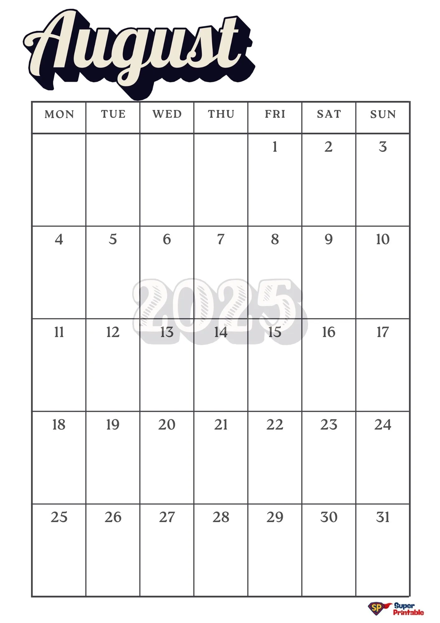 Aesthetic August 2025 Monthly Calendar Monday Start