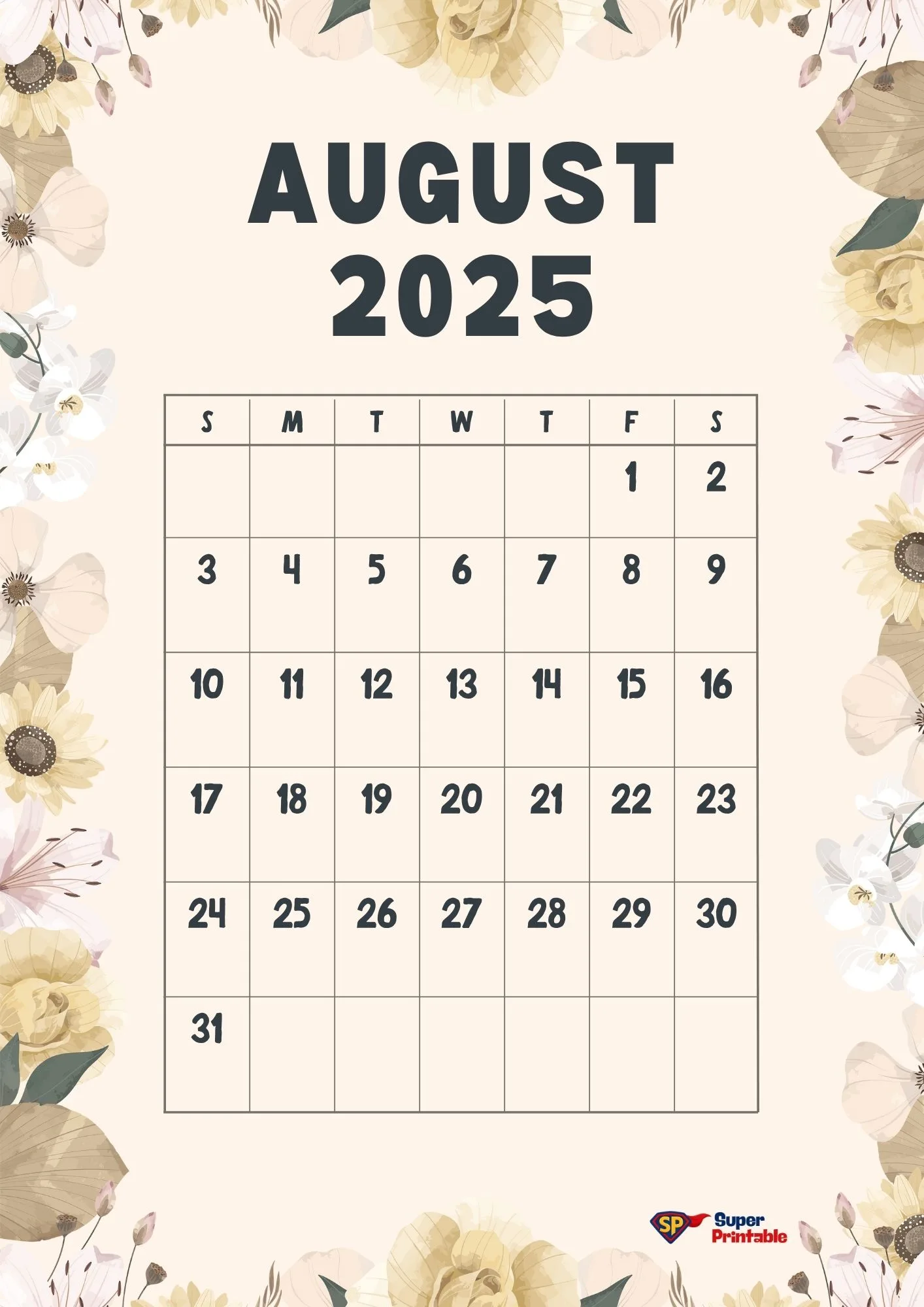 Floral-themed August 2025 calendar with a beige background. Flowers decorate the edges, adding a soft, elegant tone to the design.
