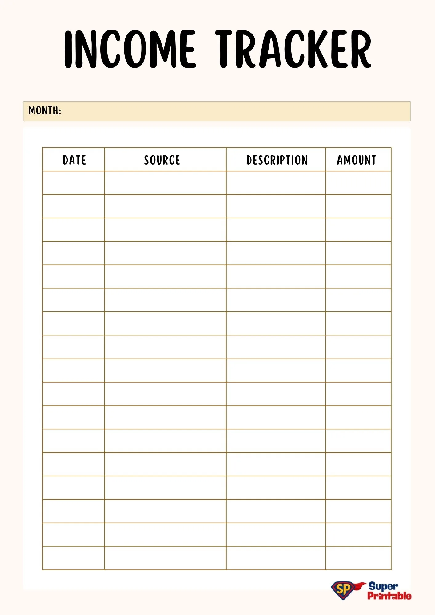 "Income tracker template with columns for date, source, description, and amount. A space labeled 'Month' is at the top. Simple and organized layout."
