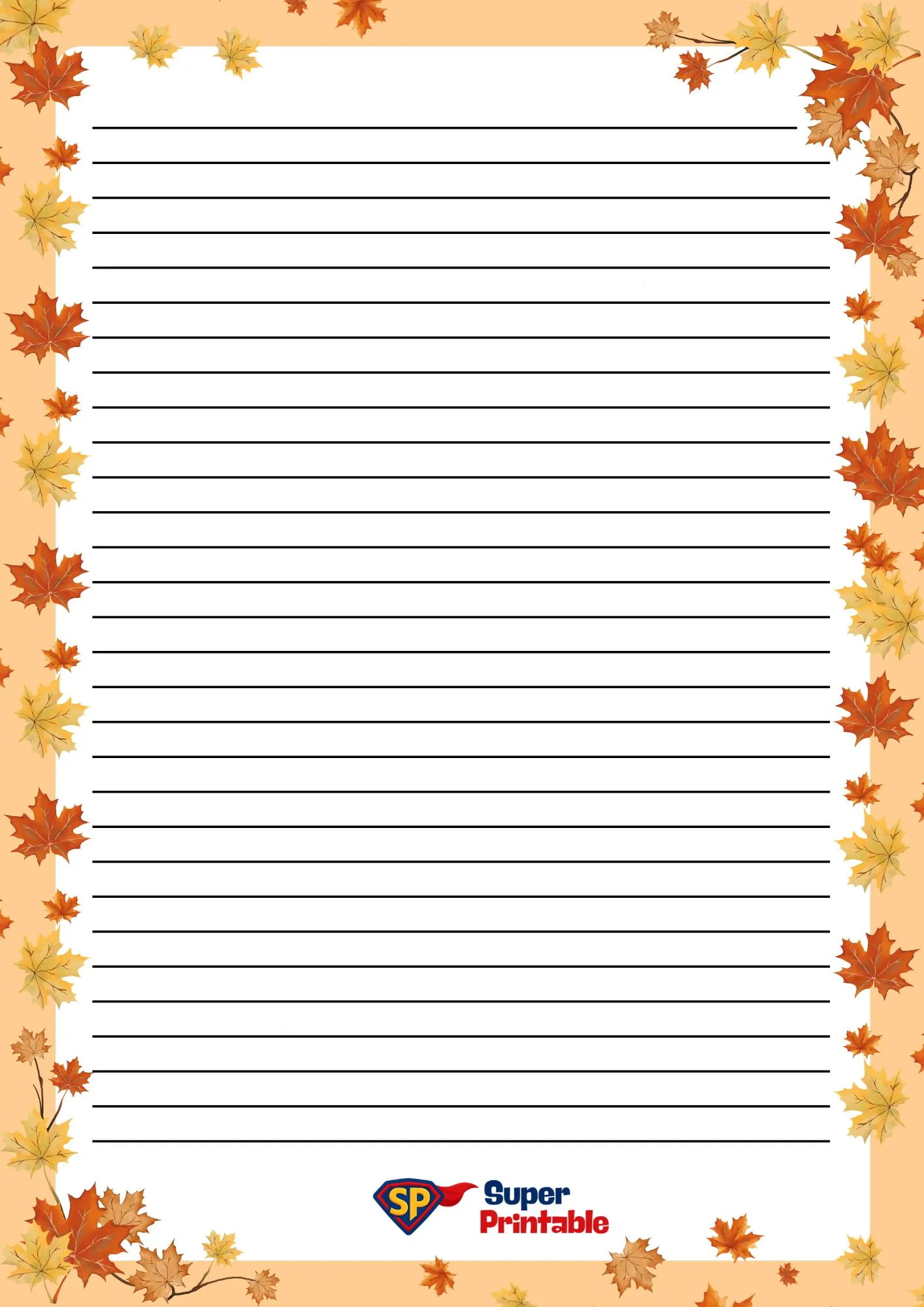 Lined stationery with an autumn theme. Orange and yellow maple leaves border the edges on a light orange background, evoking a warm, seasonal feel.