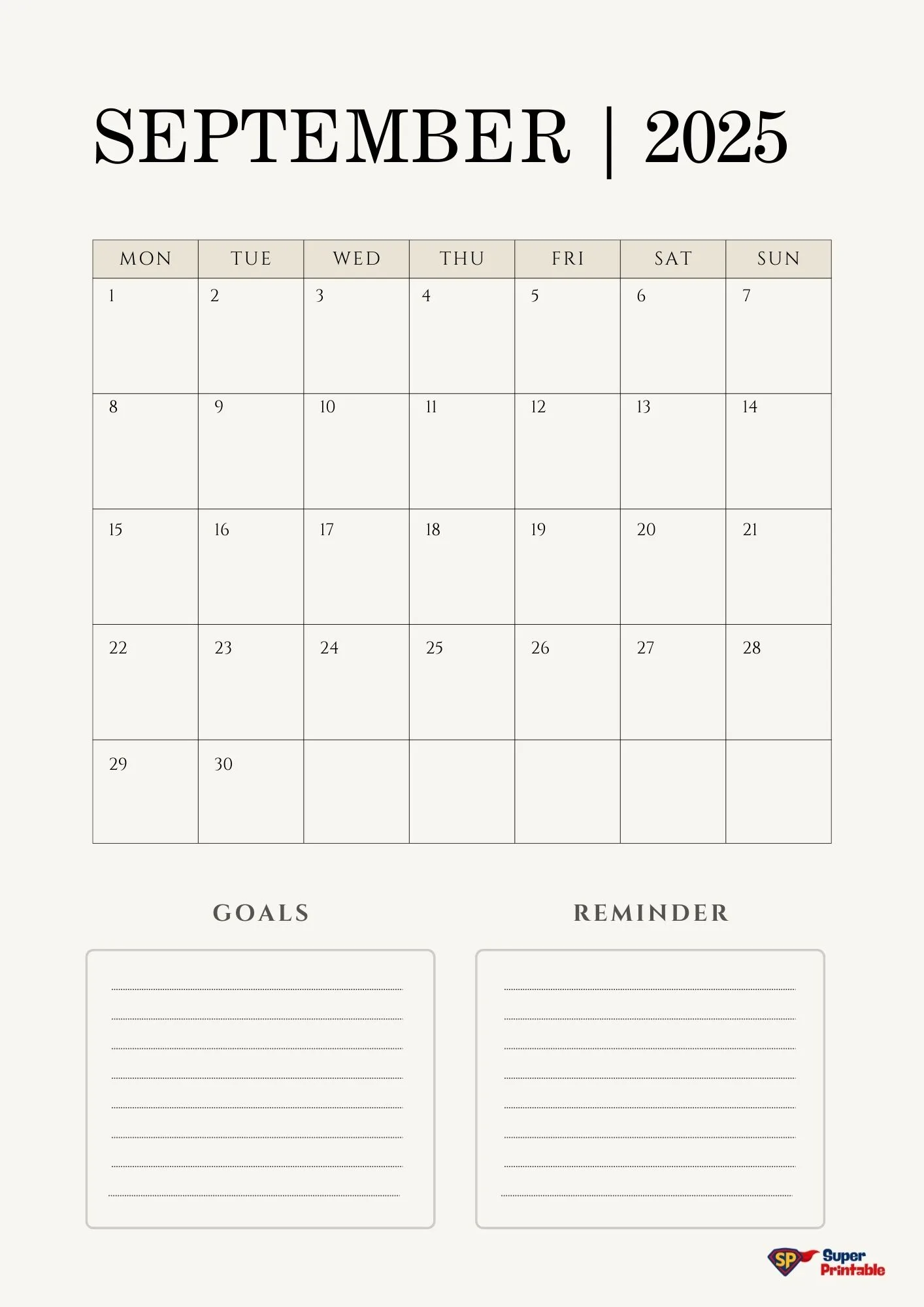 Calendar for September 2025 in a minimalist design. Includes days of the week and dates, plus sections labeled "Goals" and "Reminder" for notes.