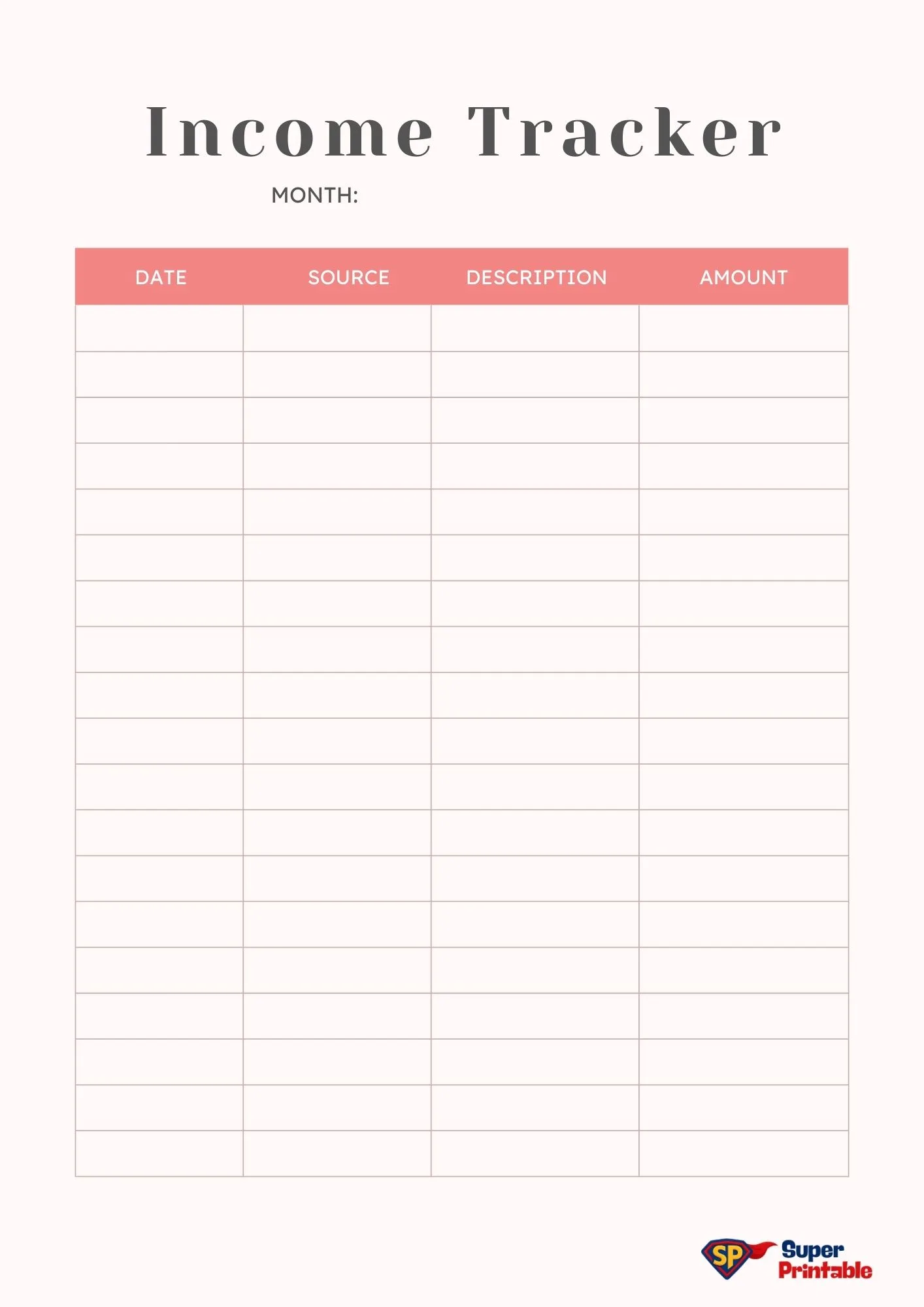 "Simple income tracker spreadsheet with columns for Date, Source, Description, and Amount. Header in bold; coral color scheme, clear and organized."