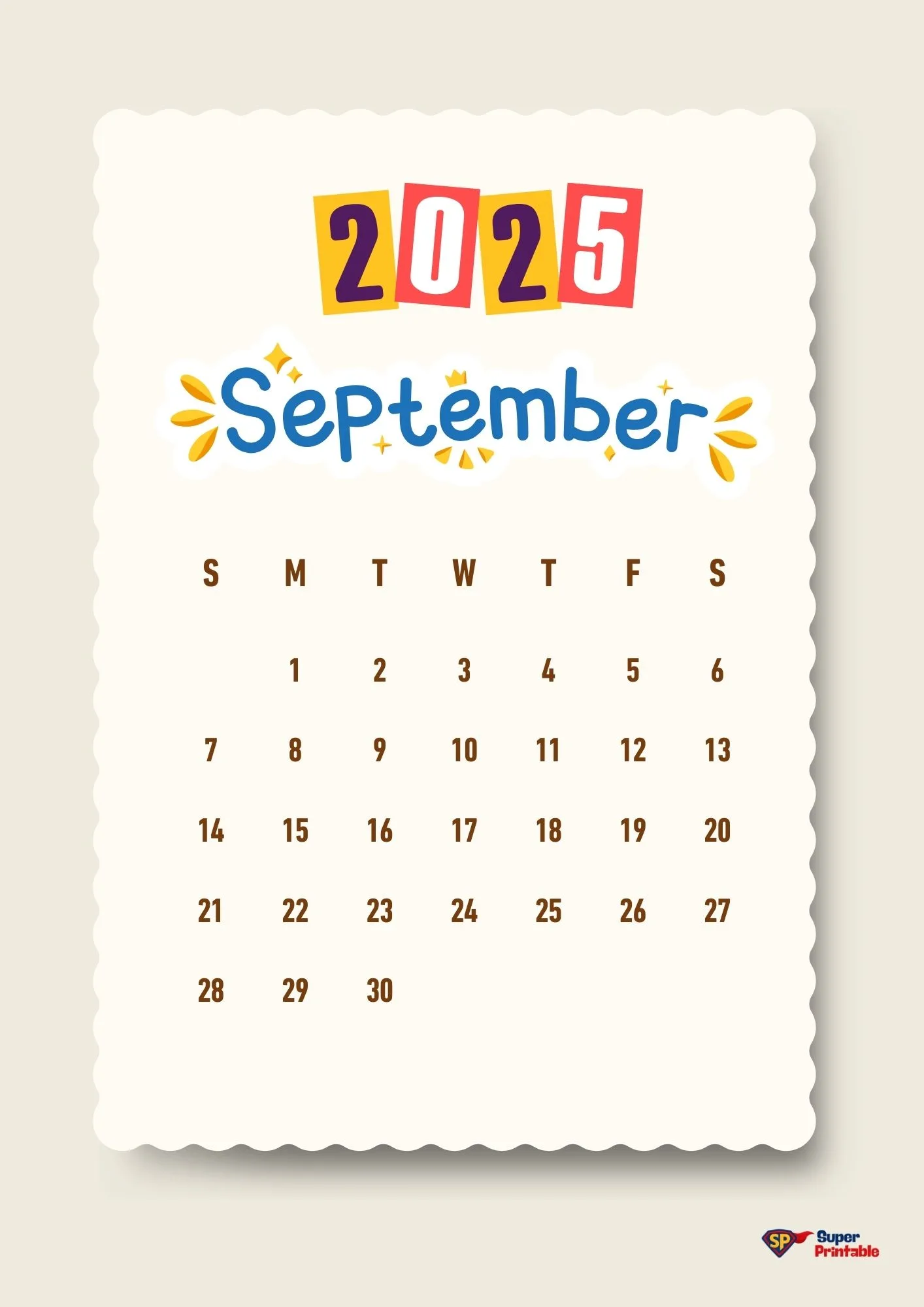Calendar page for September 2025 with wavy borders. Colorful "2025" at top, playful "September" in blue with yellow accents, brown dates below.