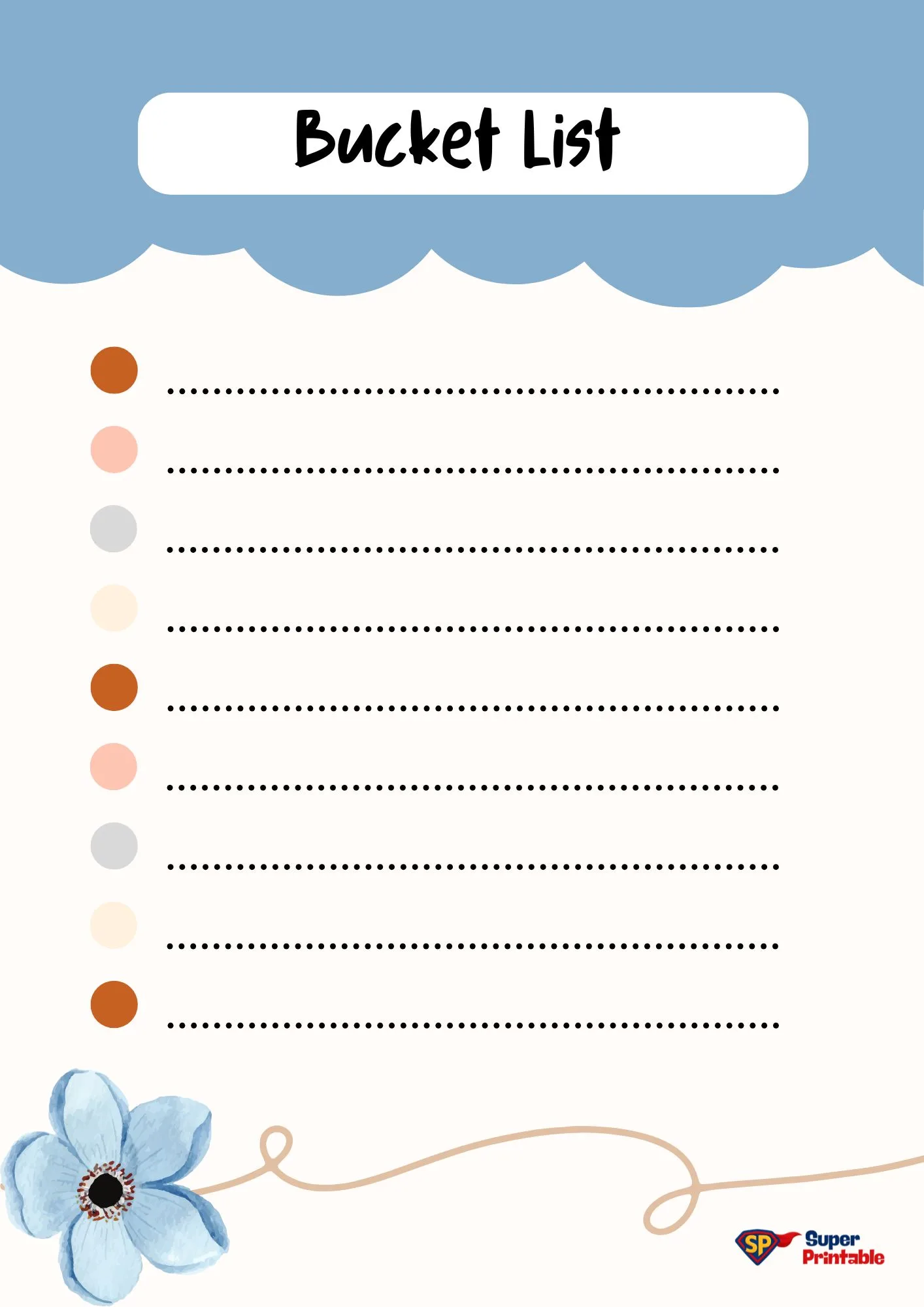 Blue and white bucket list template with ten dotted lines for entries. Decorated with colorful dots on the left and a blue flower at the bottom.