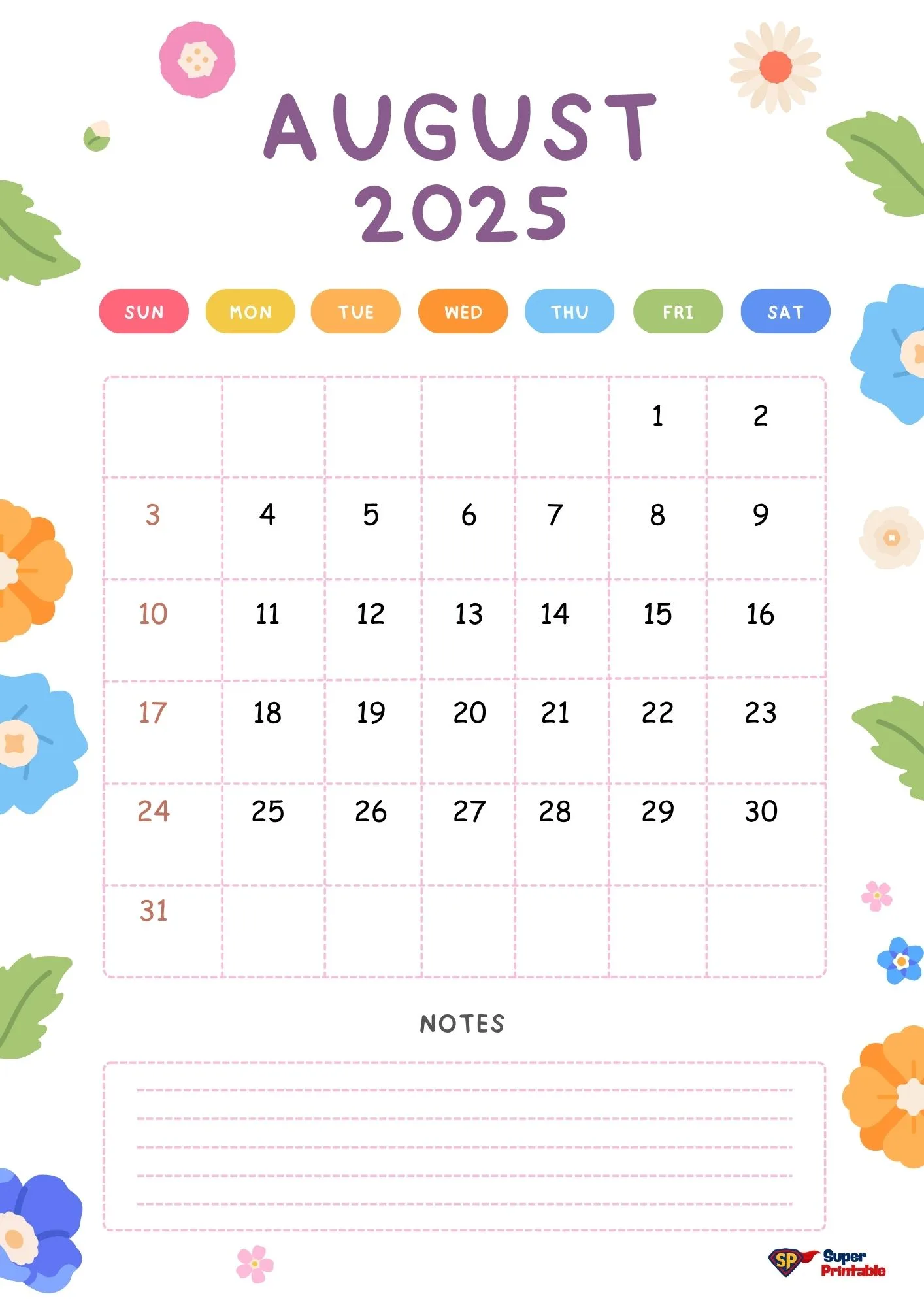 Calendar for August 2025 with floral decorations. Days of the week are color-coded, and there's a section for notes at the bottom. Vibrant and playful design.