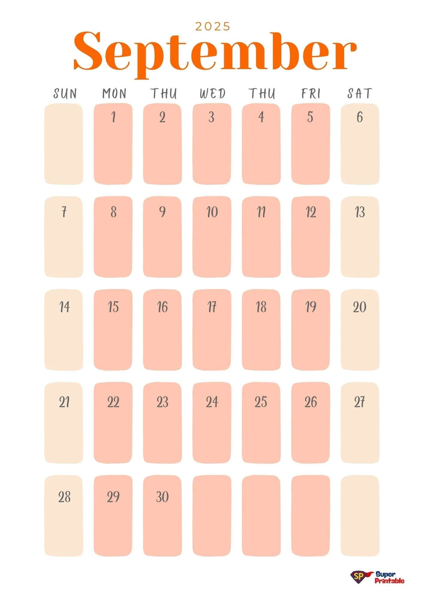 Calendar for September 2025 with Sundays highlighted in beige. Other days are in peach. Bold orange "September" at the top. Clean and organized layout.