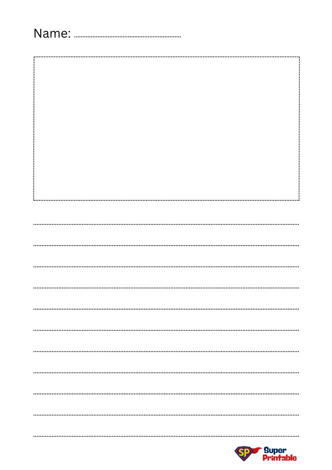 Blank worksheet with a space for a name, a large dotted box for drawing, and eight lines for writing. Logo says "Super Printable" at the bottom.