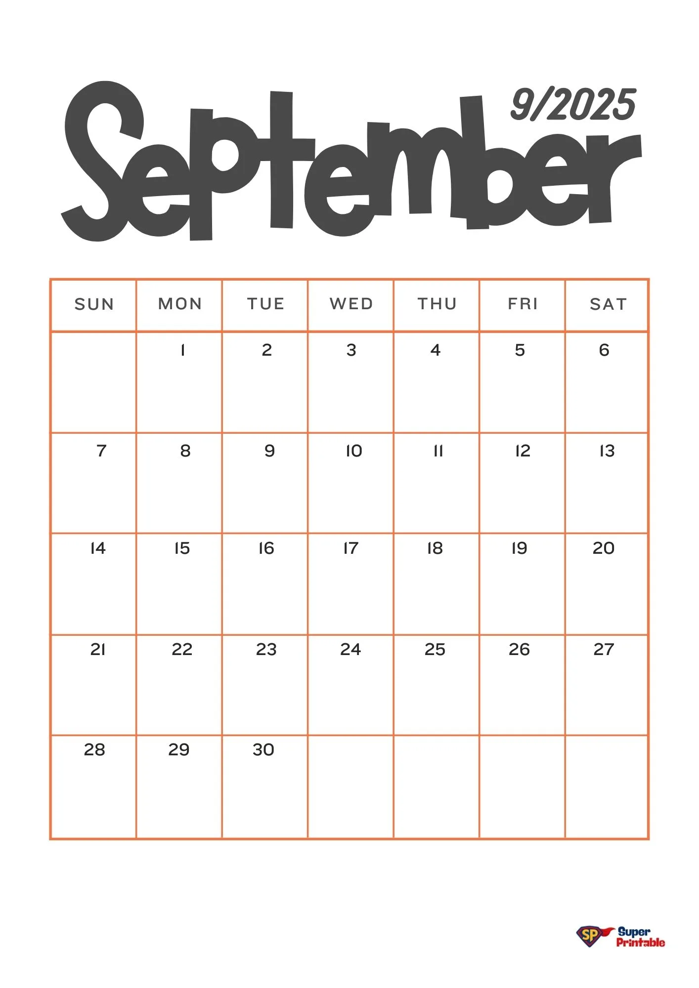 "September 2025 calendar with bold, grey text. The month is divided into a grid with days of the week labeled from Sunday to Saturday. Dates are numbered in black, ranging from 1 to 30. Orange outlines form the grid, adding a neat, modern look."