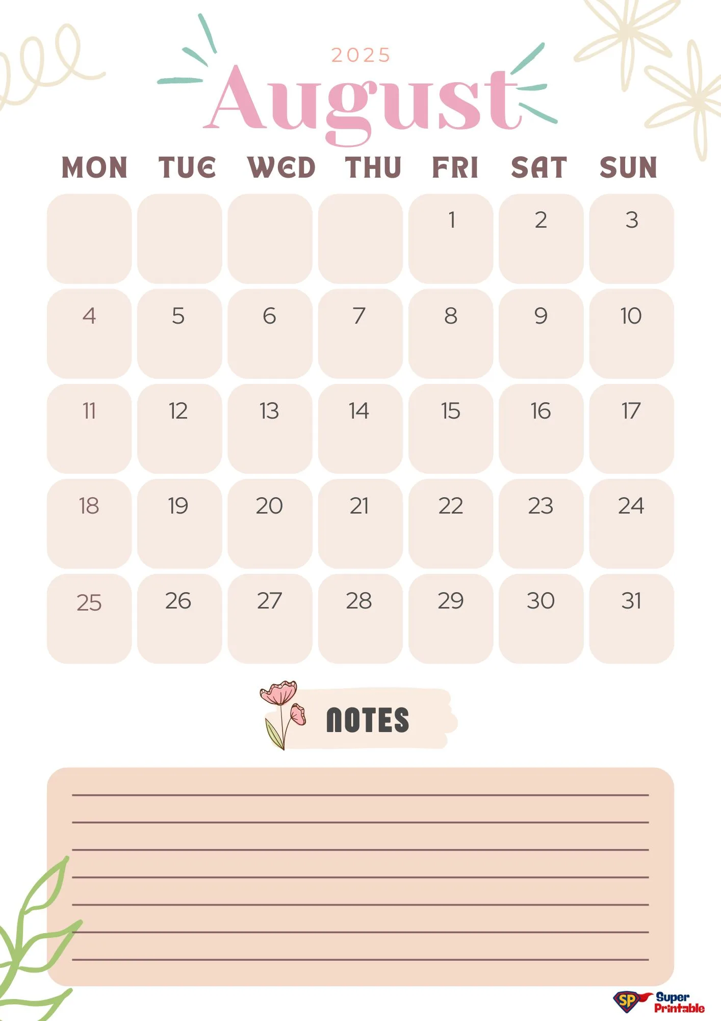 August 2025 calendar with pastel colors, decorative flowers, and a notes section. Each day is in a rounded square. Warm, cheerful design.