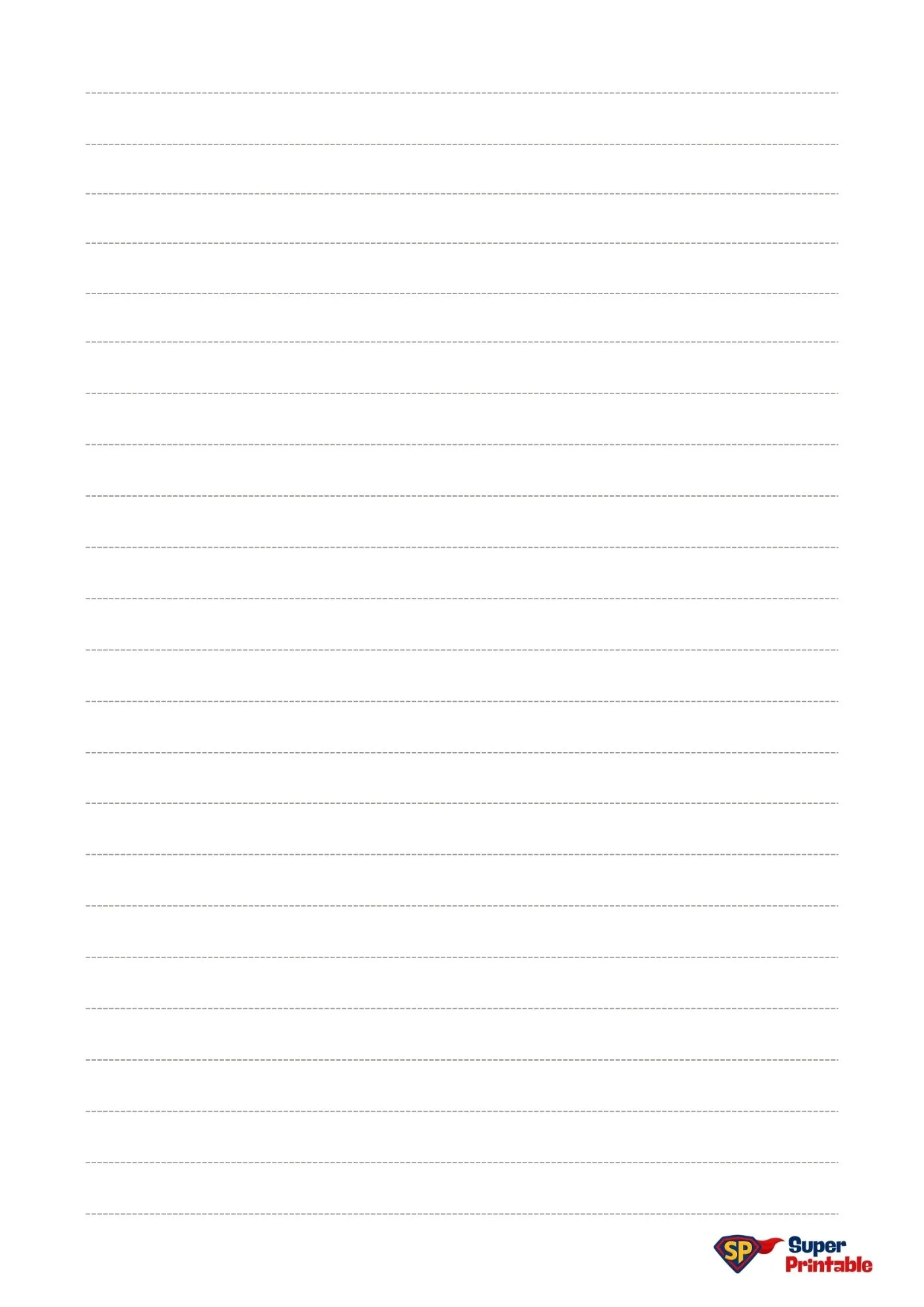 "A blank sheet of notebook paper showing evenly spaced horizontal lines with a subtle gray hue. 'Super Printable' logo in the bottom right corner."