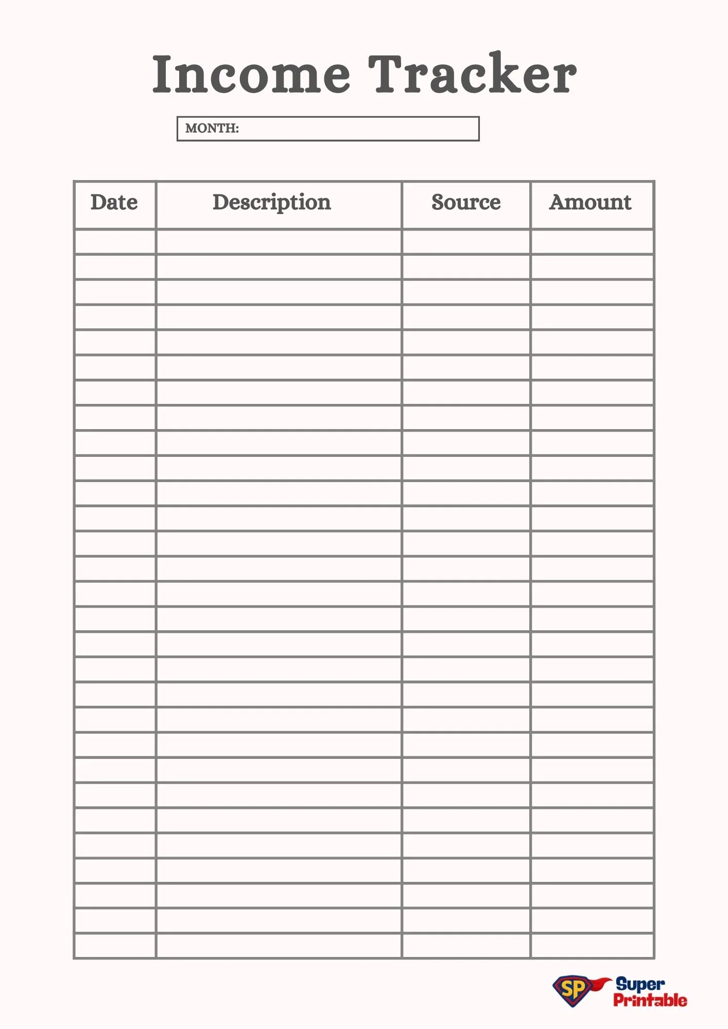 Blank income tracker sheet with columns for Date, Description, Source, and Amount. A space for the month is at the top, featuring a clean, organized layout.