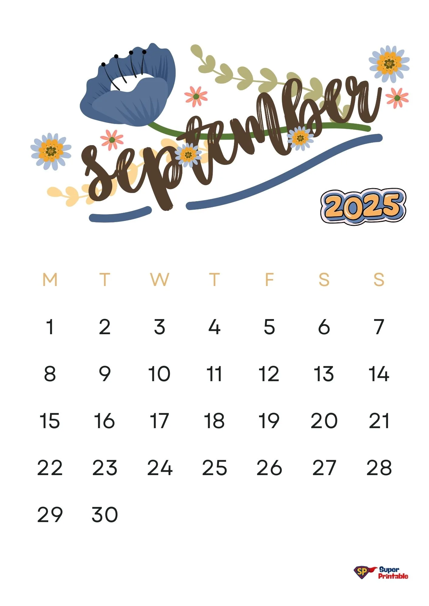 September 2025 calendar page with decorative blue and orange flowers. The word "September" is elegantly written in cursive at the top.