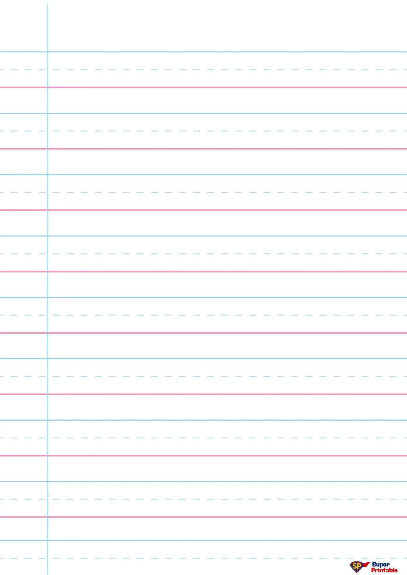Wide-ruled notebook paper with light blue horizontal lines and a pink top margin. The lines have a dashed center, suitable for handwriting practice.