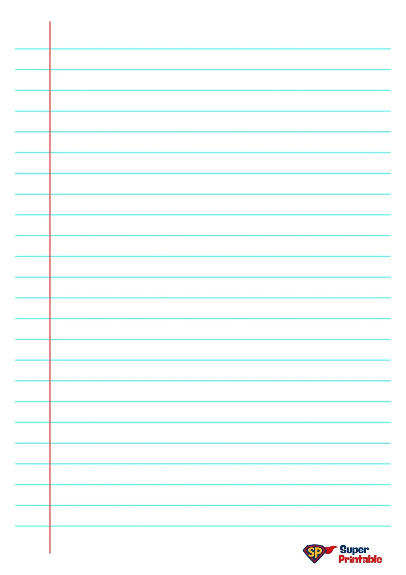 Lined notebook paper with light blue horizontal lines and a red vertical margin line on the left. A logo reading "Super Printable" is in the bottom right.