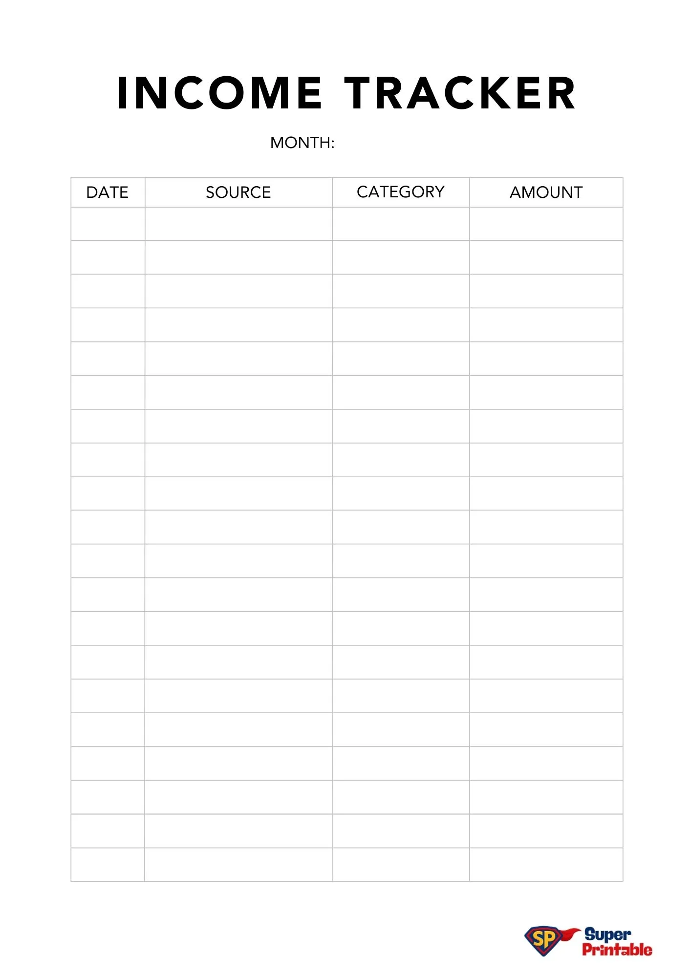 "Blank income tracker template with columns labeled Date, Source, Category, and Amount. The design is clean and organized, with a logo at the bottom right corner."