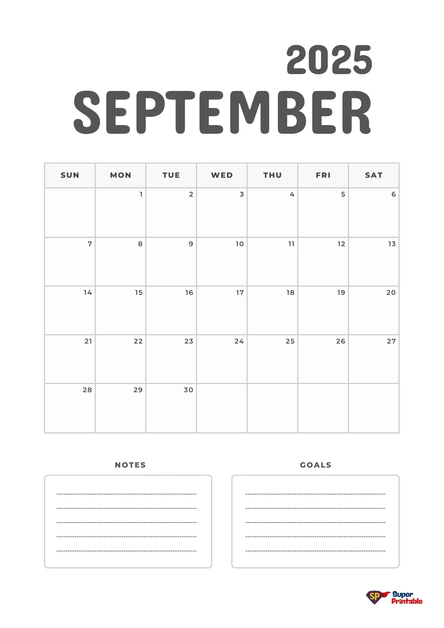 September 2025 calendar page, simple layout with weekdays and numbered days. Below, sections for notes and goals offer organized planning space.