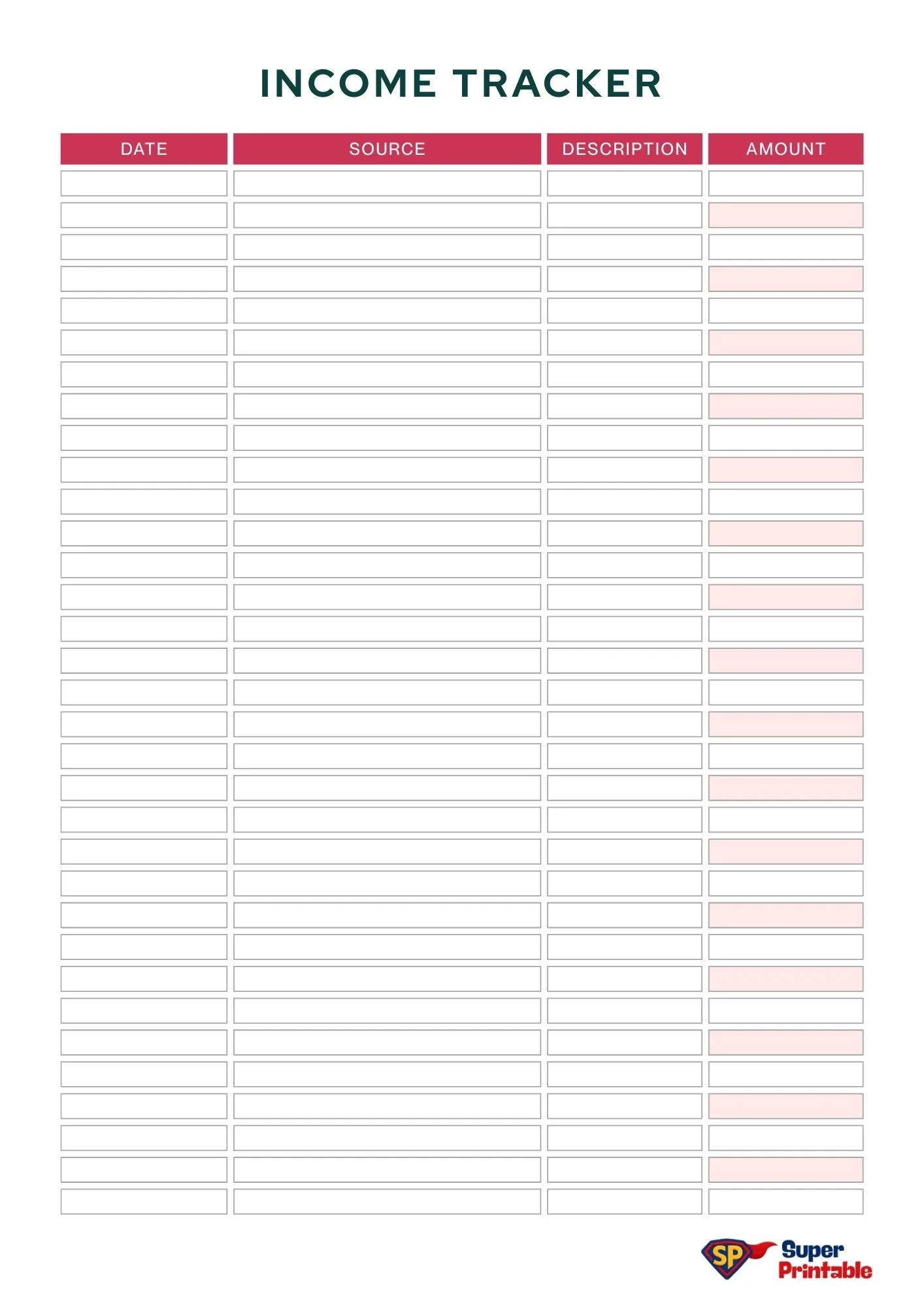 "Income Tracker sheet with columns for Date, Source, Description, and Amount. Organized layout aids financial planning and organization."