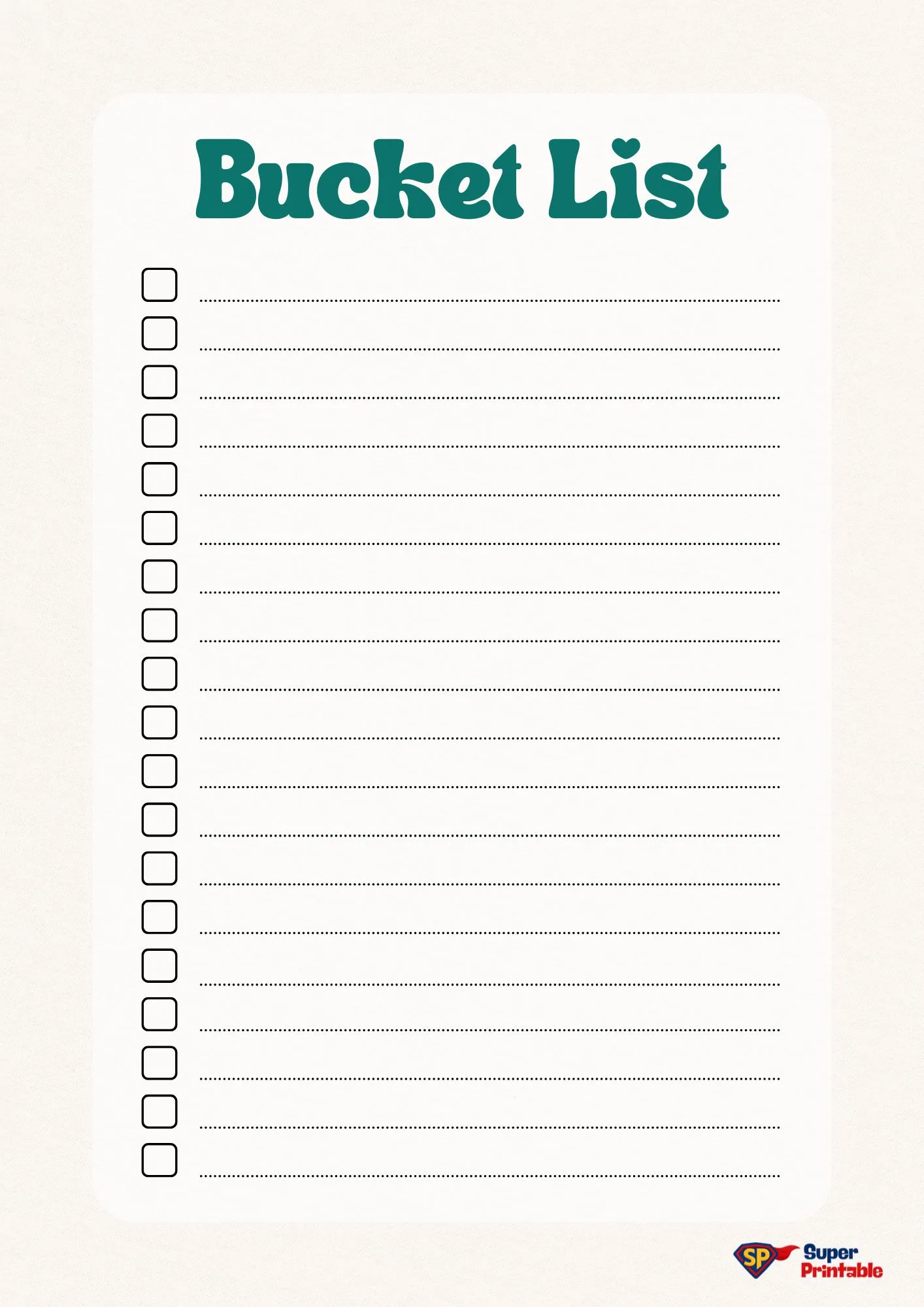 A bucket list template with a playful header font. It features 20 blank checkbox lines on a textured off-white background, inviting creativity and ambition.