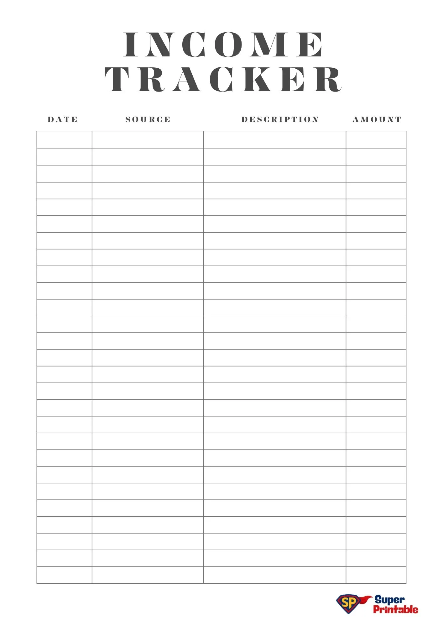 "Income tracker table with columns for date, source, description, and amount. Ruled rows for entries. Minimalist and organized layout."