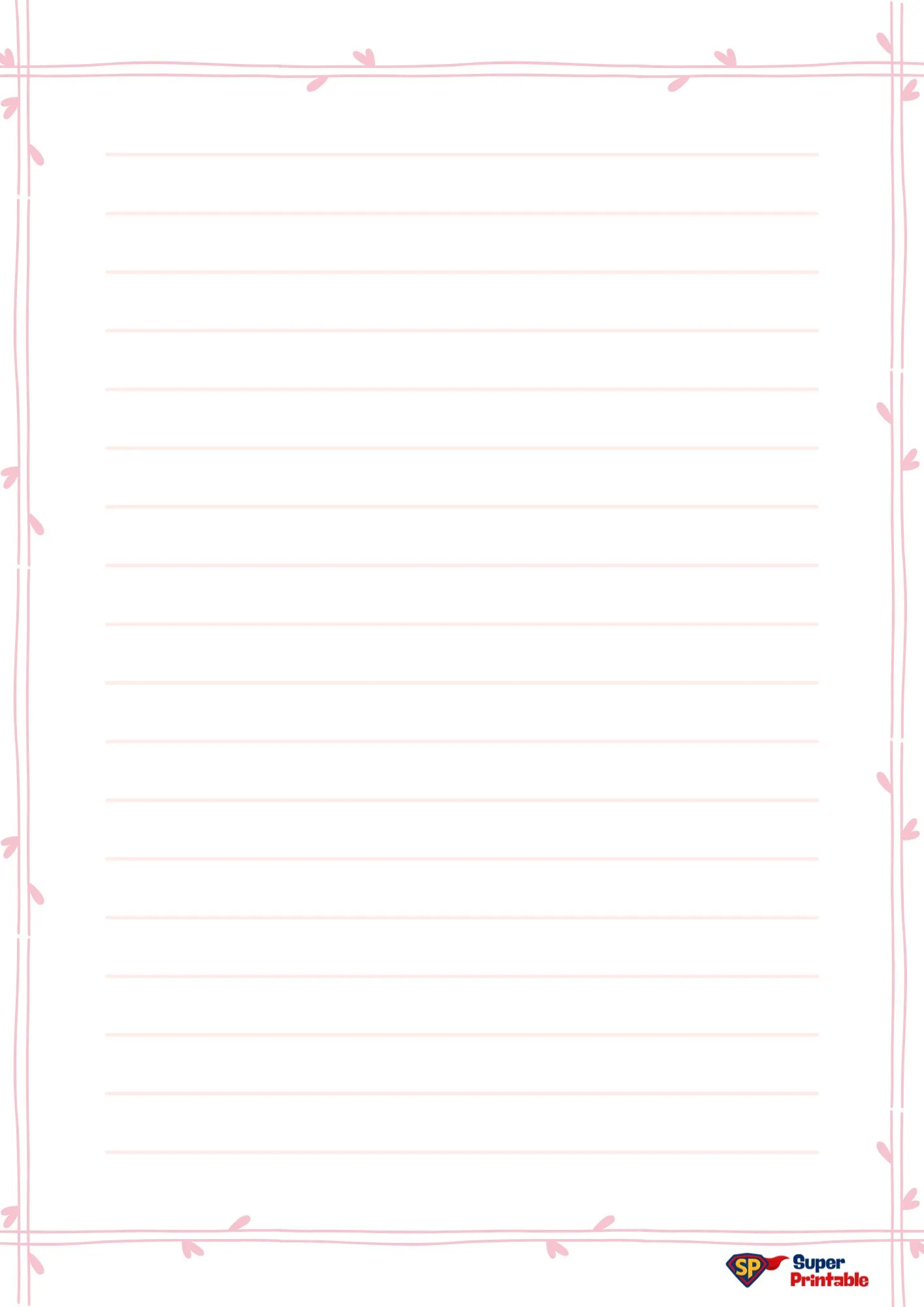 Lined paper with a light pink heart and vine border. The lines are light pink, and the paper has a playful, cheerful design.