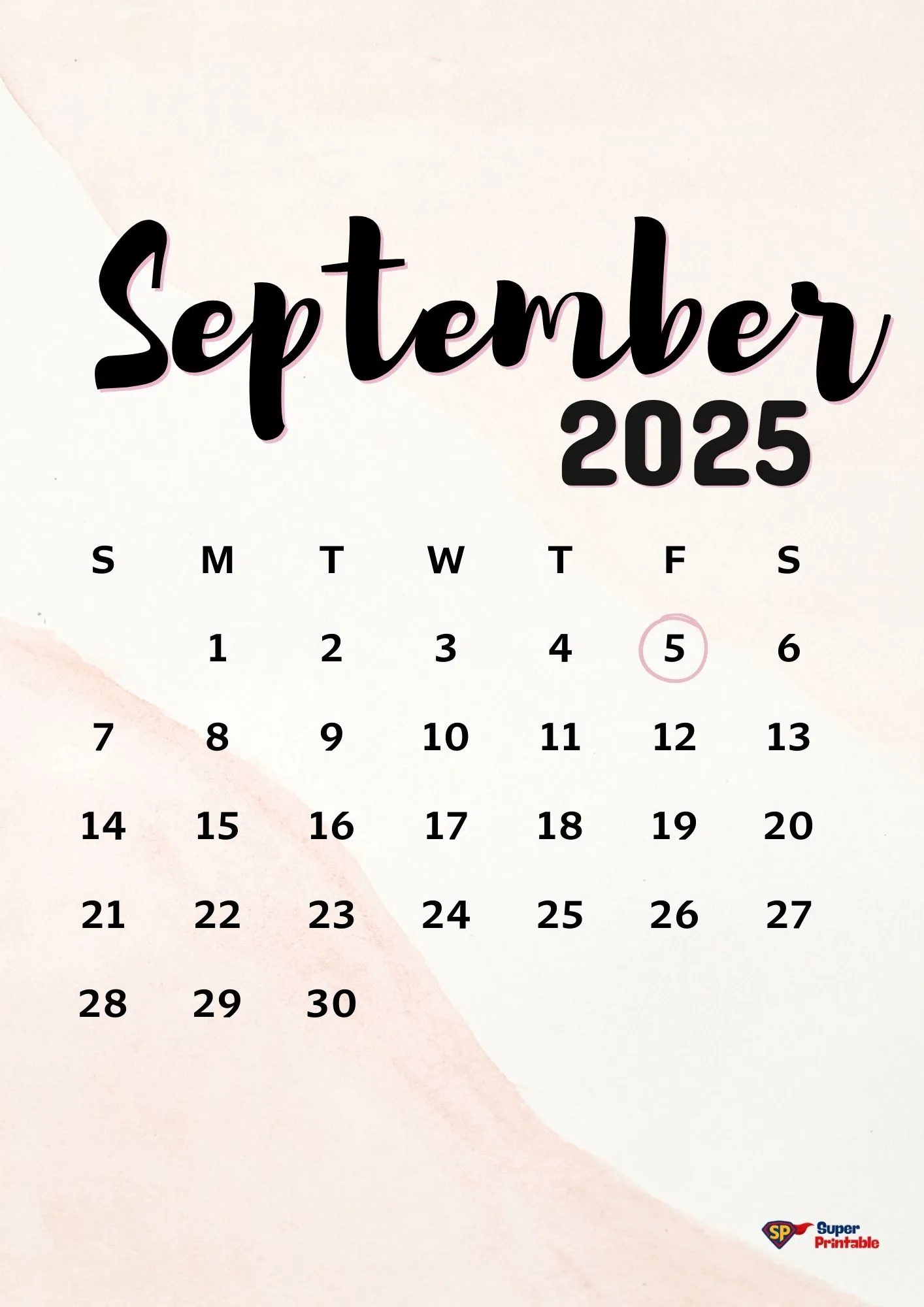 Calendar for September 2025 with a minimalist white and pink background. "September 2025" is in bold, black script. September 5 is circled.