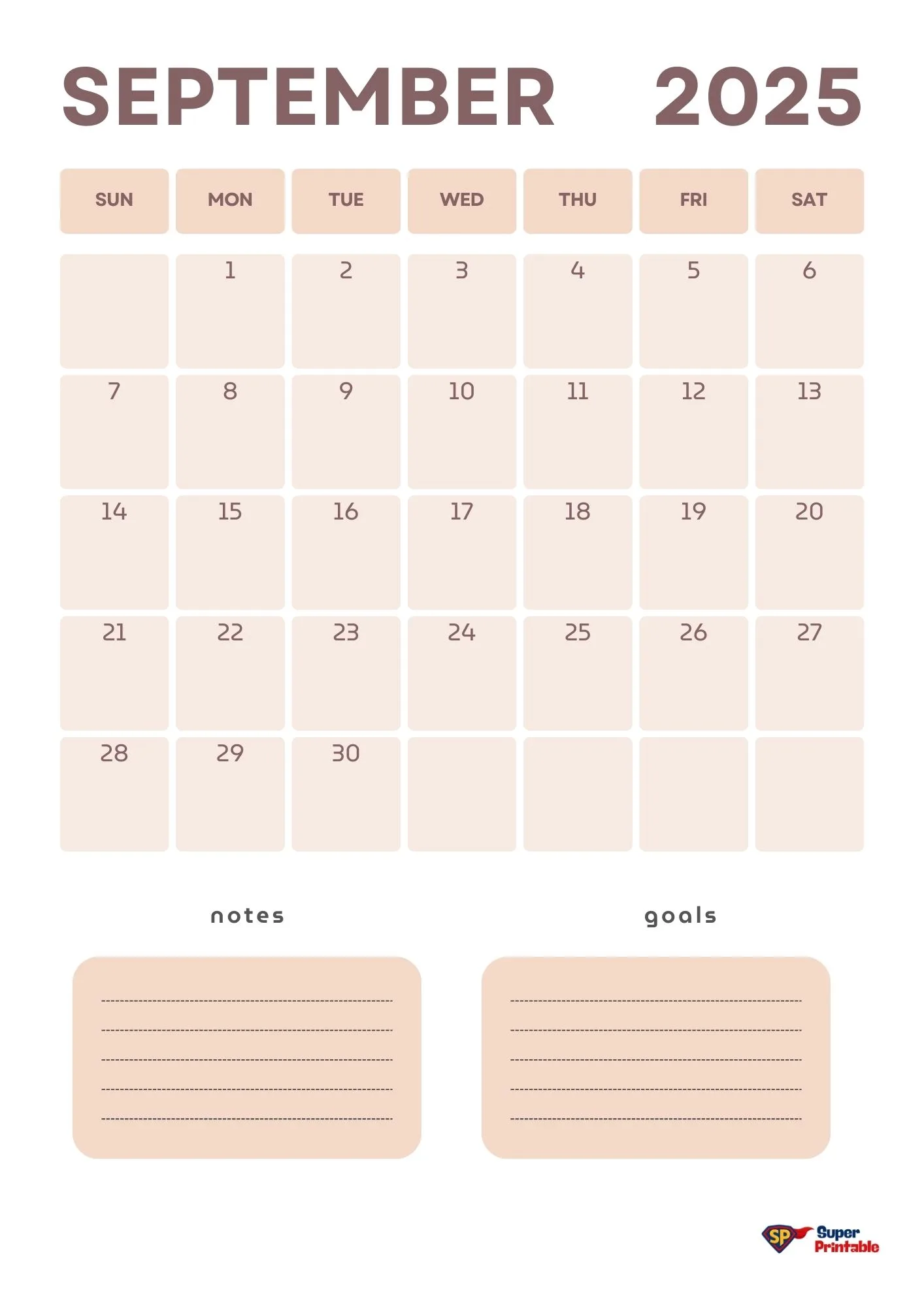 Calendar for September 2025 with days of the week starting from Sunday. Includes spaces for notes and goals at the bottom. Beige tones.