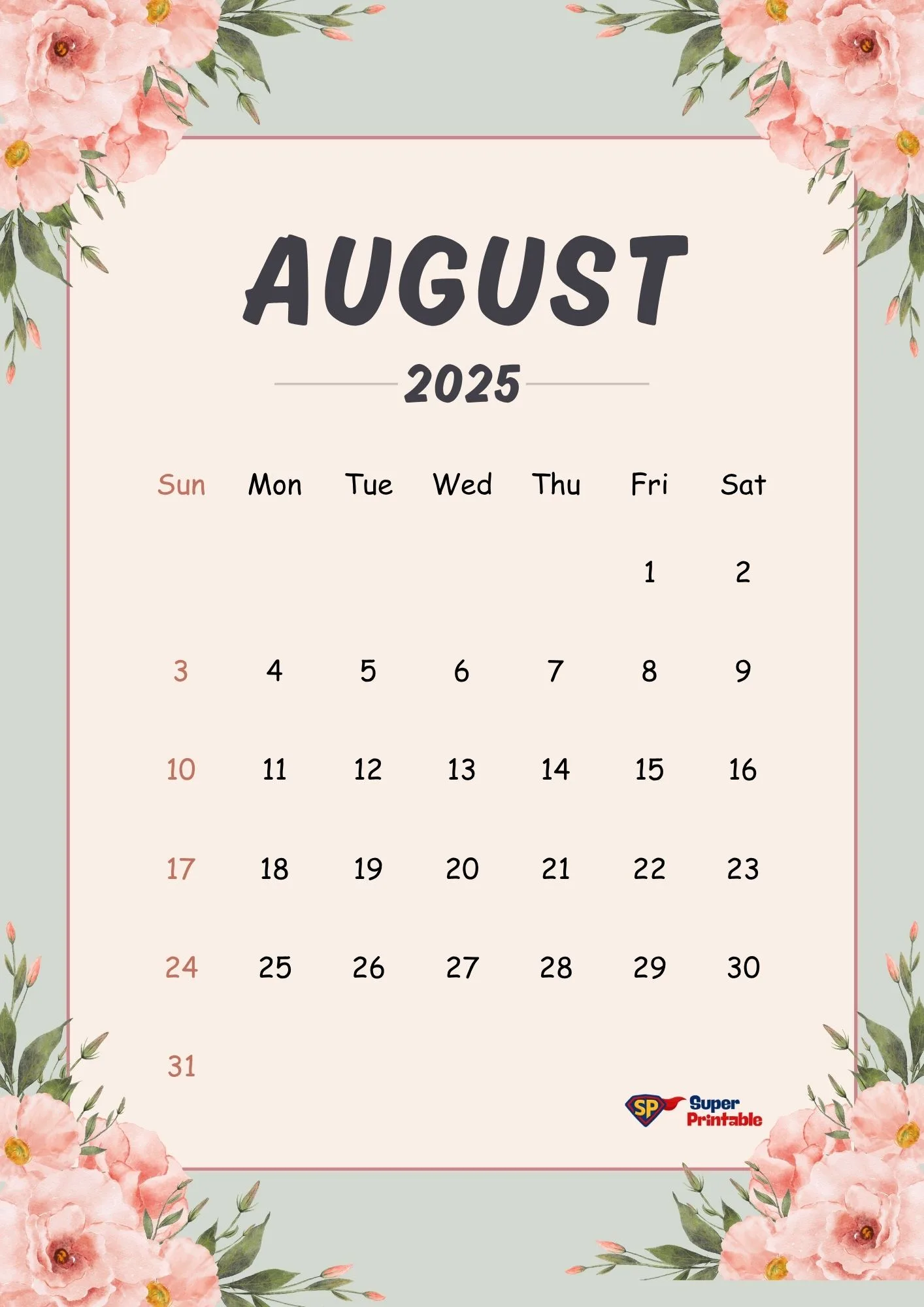 Calendar page for August 2025 with floral border. Dates are arranged in a grid. Emphasizes a soft, elegant, and pastel aesthetic.