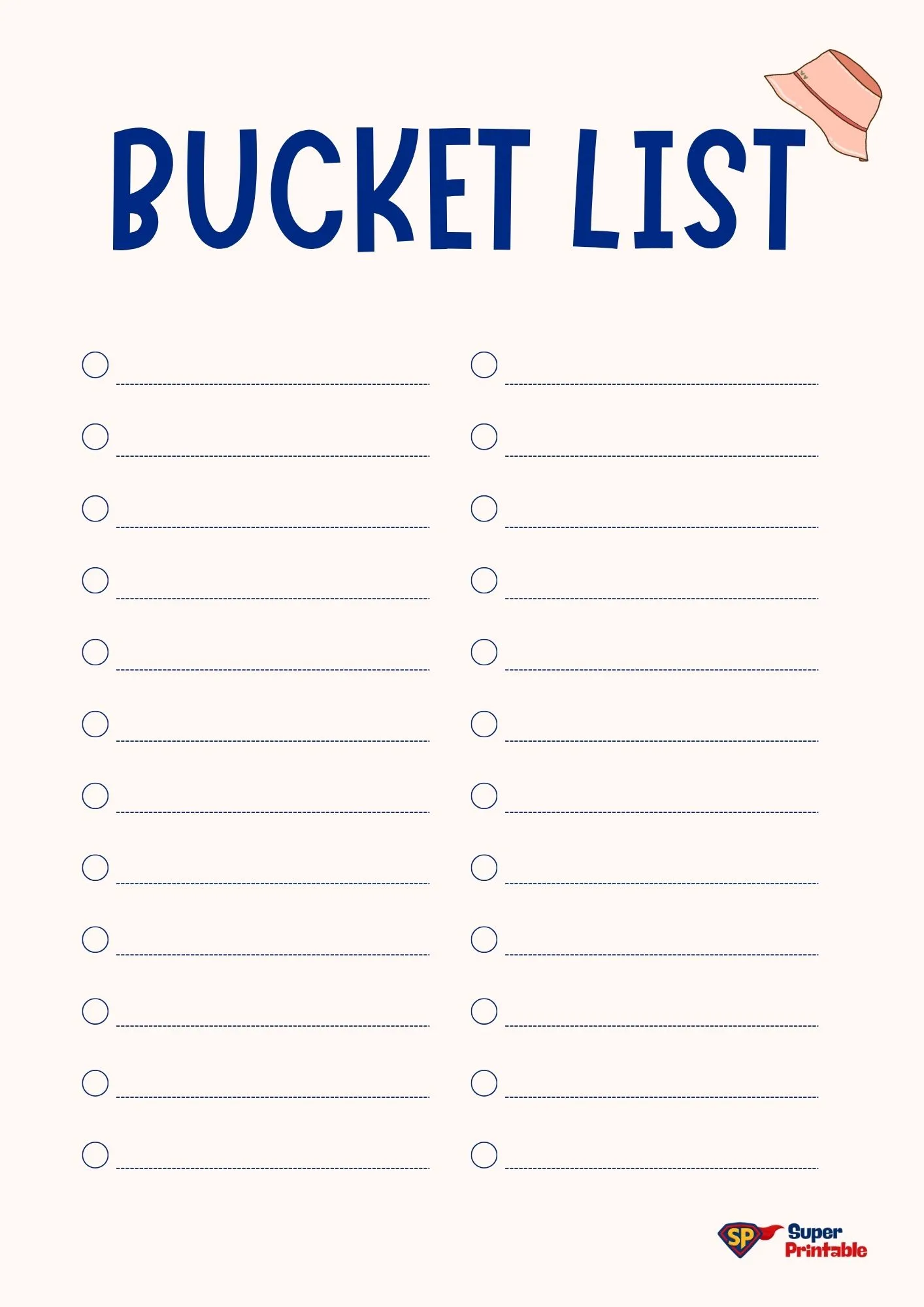 "A bucket list template featuring the title 'BUCKET LIST' with a small bucket hat illustration. It has 20 lines, each with a circle for checkbox marking. The design is simple and organized, with a light background and blue text. Logo at the bottom right."