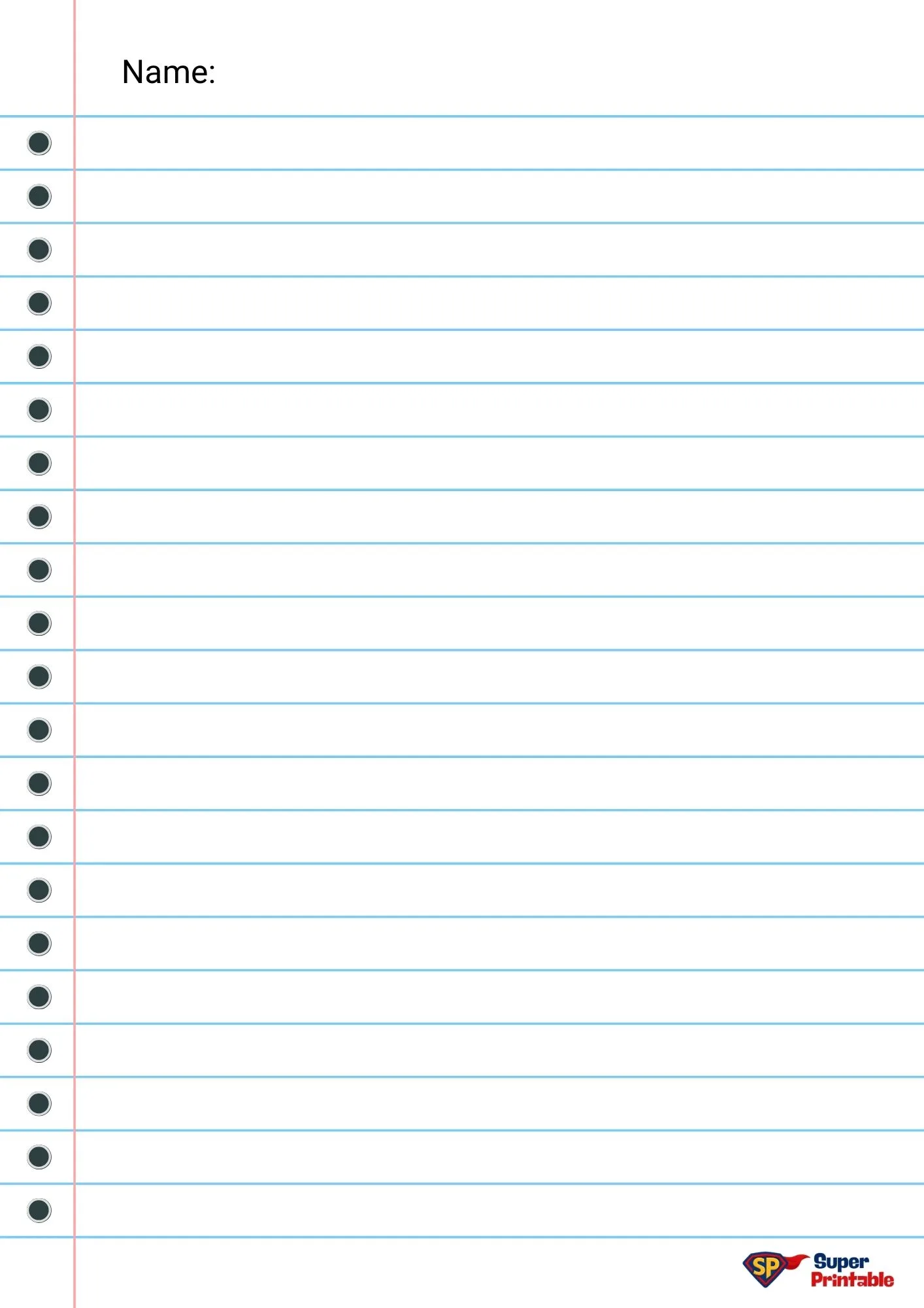 Lined notebook paper with blue horizontal lines and black bullets on the left. A red vertical margin lines the left side. "Name:" is printed at the top.