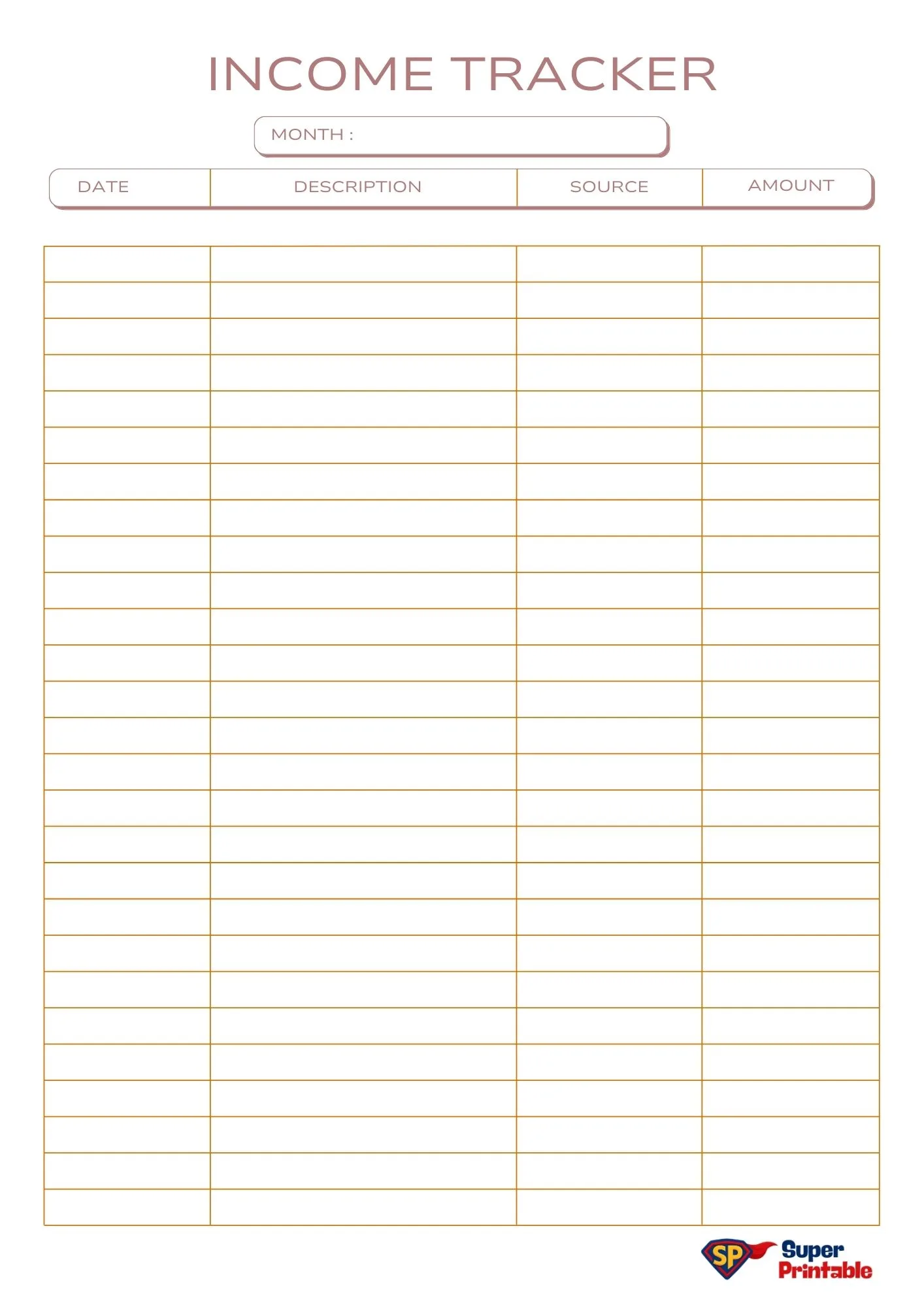 "Income tracker sheet with columns for date, description, source, and amount. Space for month input. Professional and organized appearance."