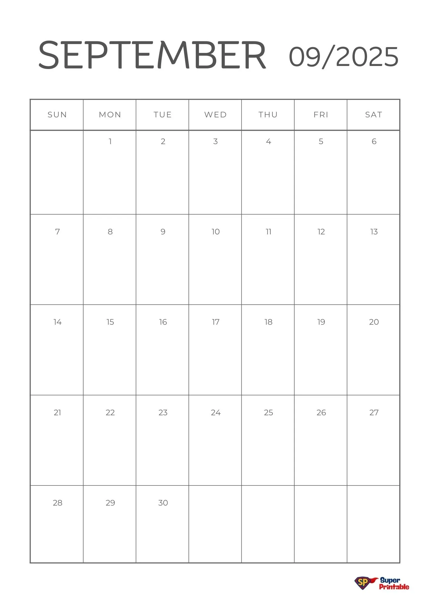 Calendar for September 2025. Days are in a grid, starting on Sunday and ending on Saturday. Minimalist design with a logo in the bottom-right corner.