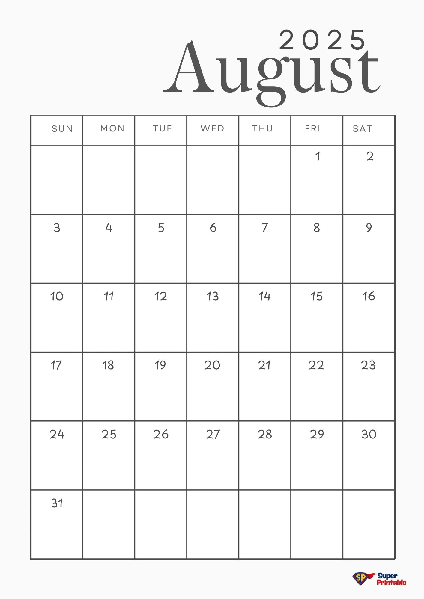 Calendar for August 2025 in a minimalist design with dates arranged in a grid; Sunday starts each week. "Super Printable" logo at the bottom.