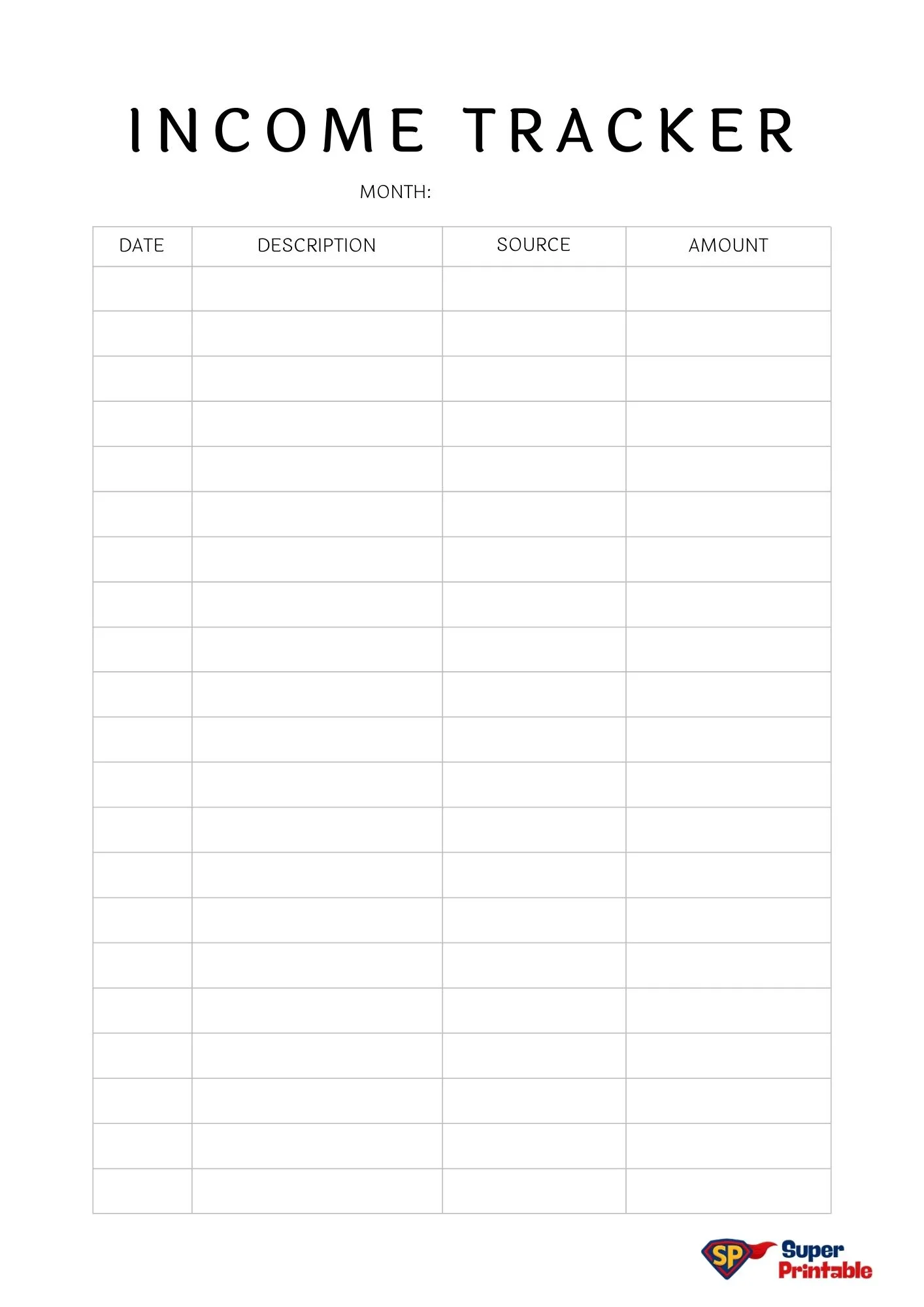 "Simple income tracker form with columns for date, description, source, and amount. Includes space for the month. Logo at bottom right."