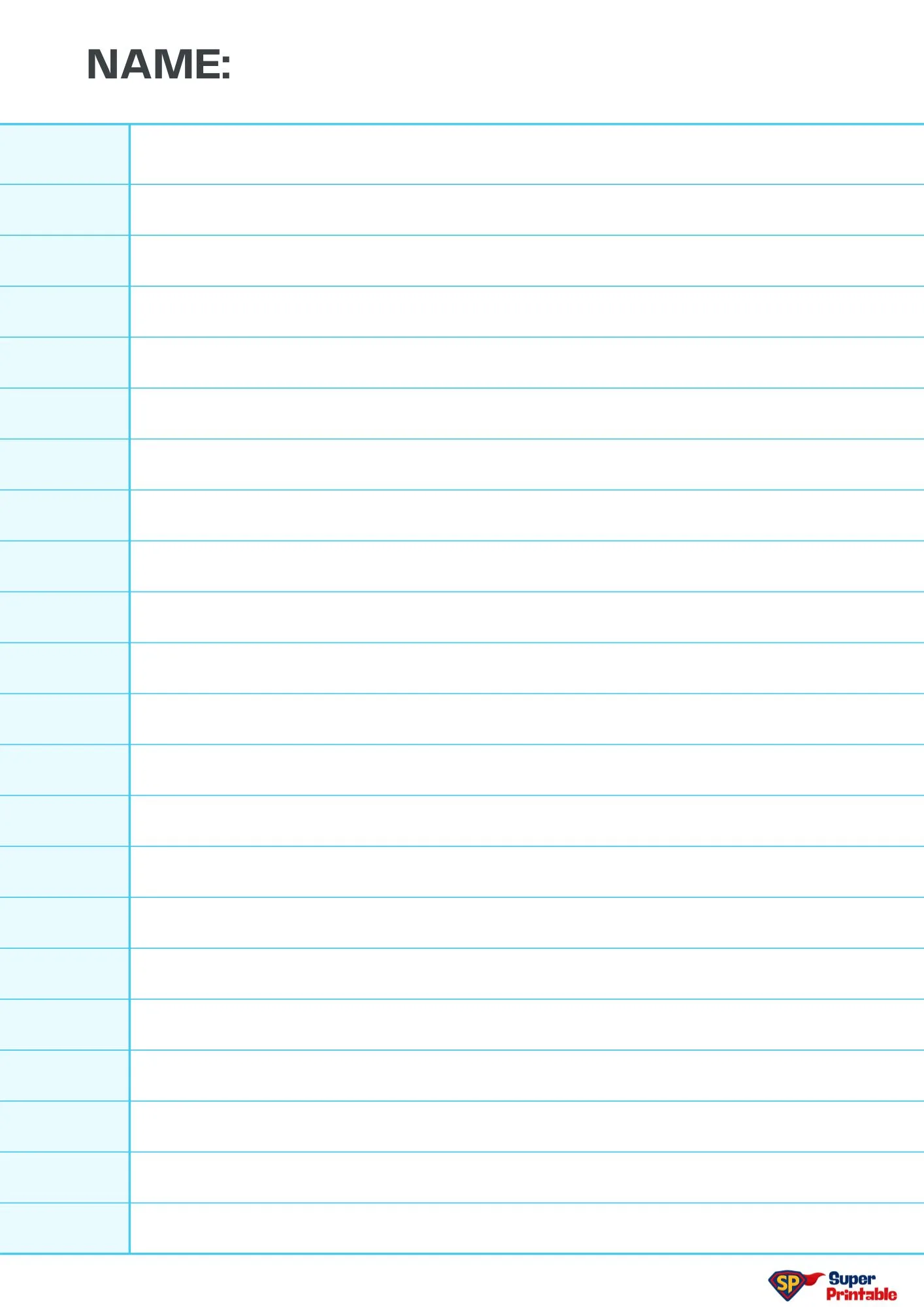 Lined paper with "Name:" at the top left. Vertical and horizontal blue lines create writing spaces, with a logo in the bottom right corner.