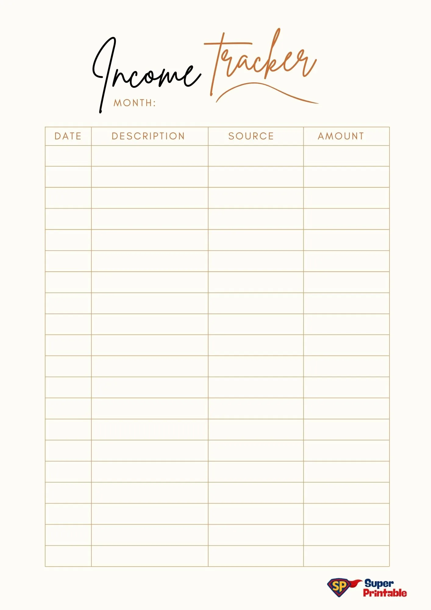 "Income tracker template with space for date, description, source, and amount. Minimalist design with cursive header text and a clean grid layout."