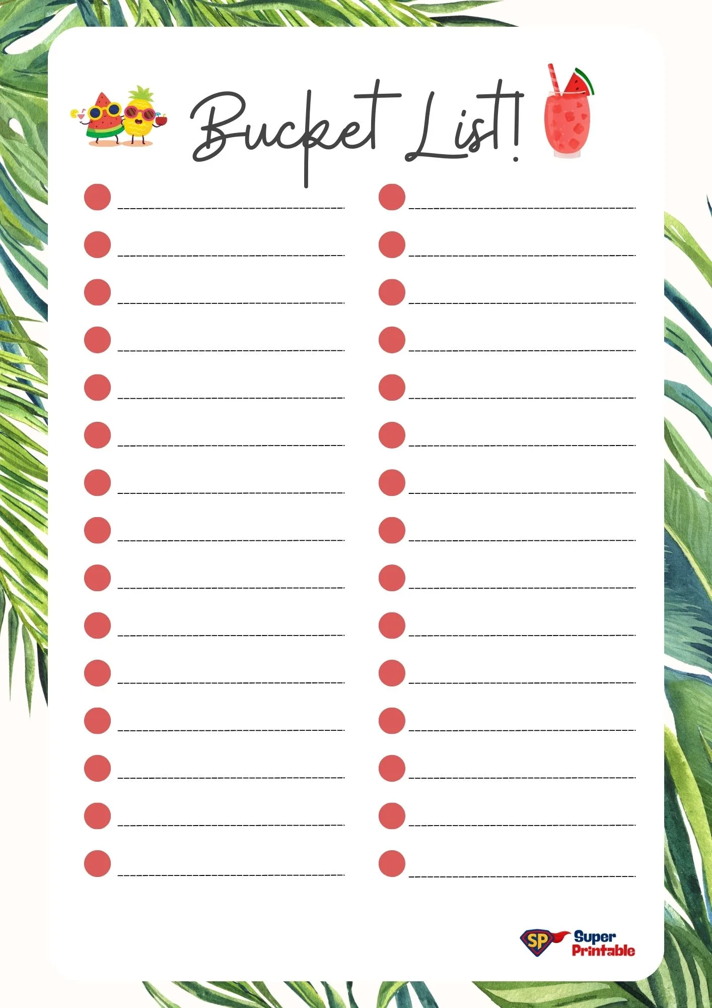 Tropical-themed bucket list template with red bullet points and lined spaces. Illustrations of sunglasses-wearing fruits and a drink, bordered by green leaves.