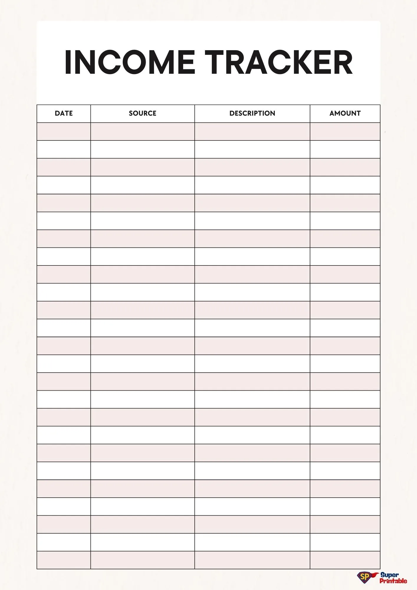 "Blank income tracker table with columns for Date, Source, Description, and Amount. Features a simple, clean design with bold headers."
