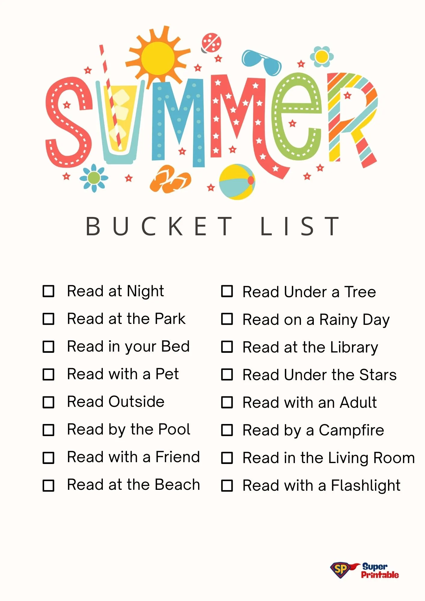 Colorful "Summer Bucket List" with playful graphics of sun, flip-flops, ball. Lists 16 reading activities, like "Read at the Beach," in checkboxes.
