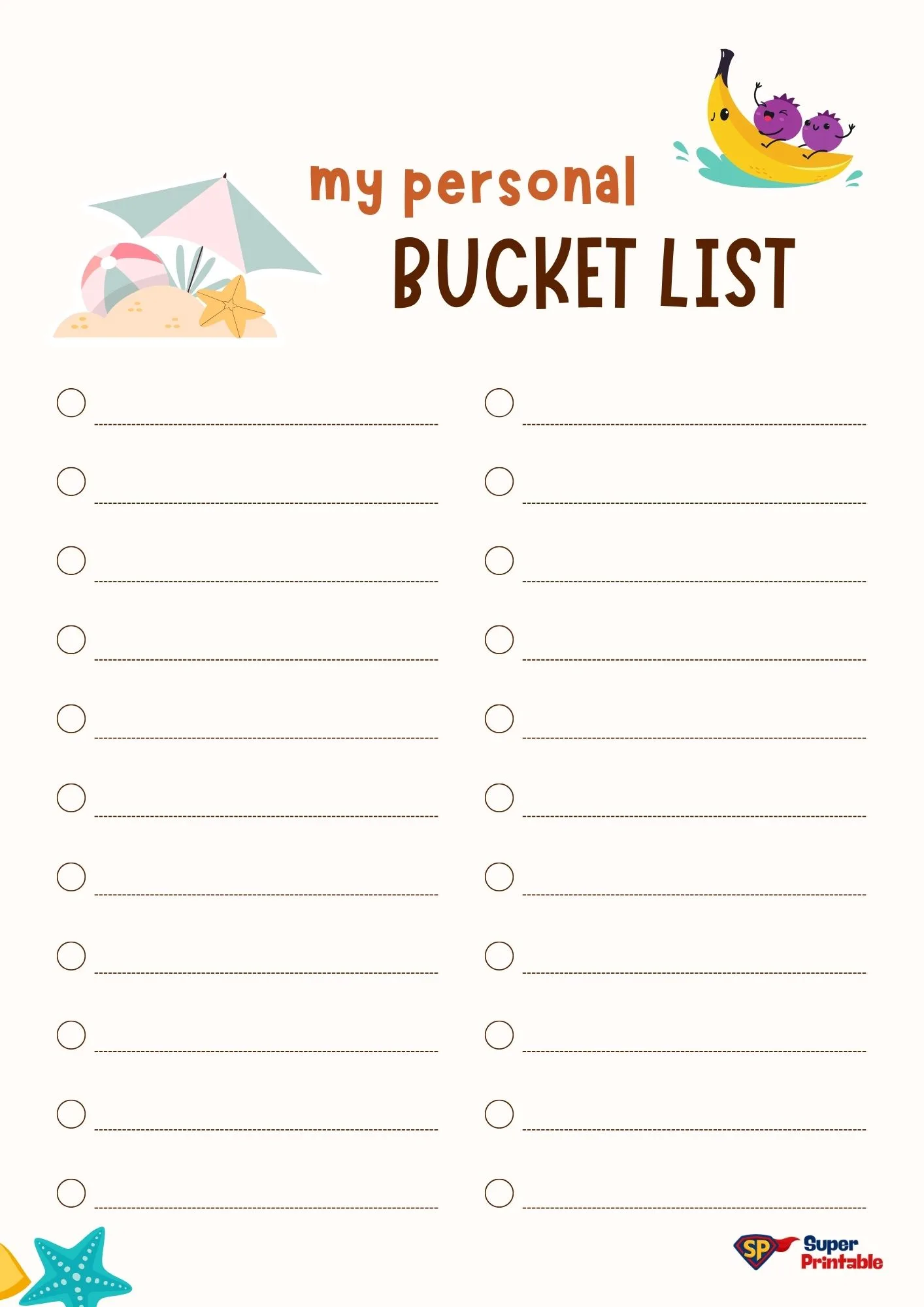 "Cheerful bucket list template with 'my personal BUCKET LIST' in bold. Features illustrated beach items like an umbrella and starfish, and a banana boat with grapes. Includes lines and check circles for list entries. Vibrant and fun design."