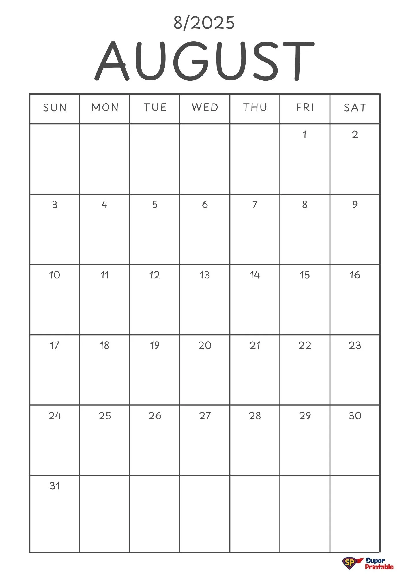 Calendar for August 2025. Days are organized in a grid with Sunday to Saturday headers. The design is simple and minimalist.