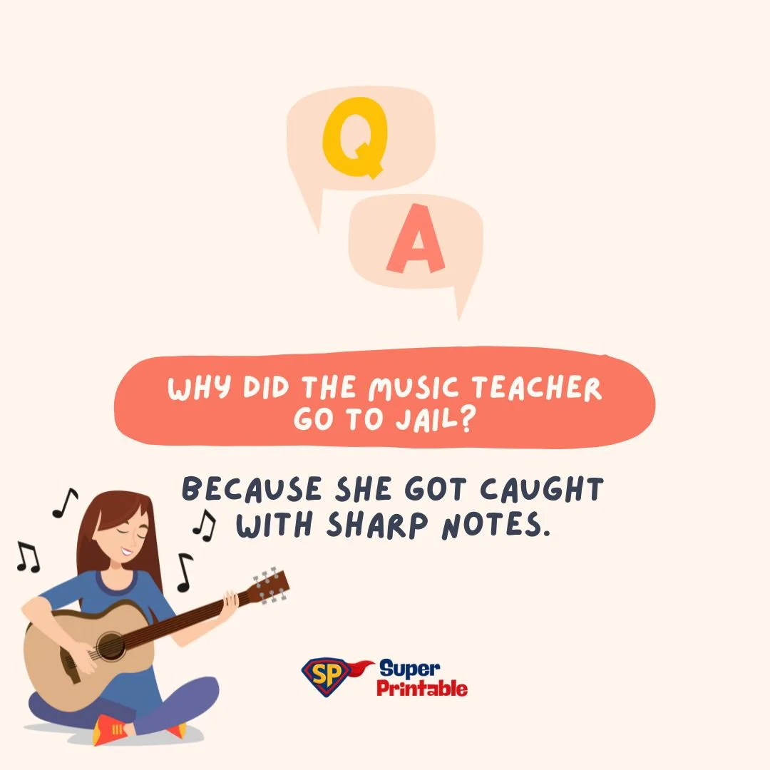 Cartoon of a girl playing guitar with musical notes around. Text: "Q: Why did the music teacher go to jail? A: Because she got caught with sharp notes." Playful mood.