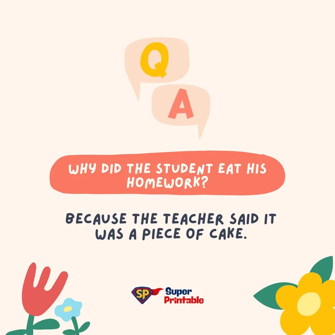 "Image with speech bubbles showing a joke: Q: 'Why did the student eat his homework?' A: 'Because the teacher said it was a piece of cake.' Playful tone with colorful flower and leaf graphics."