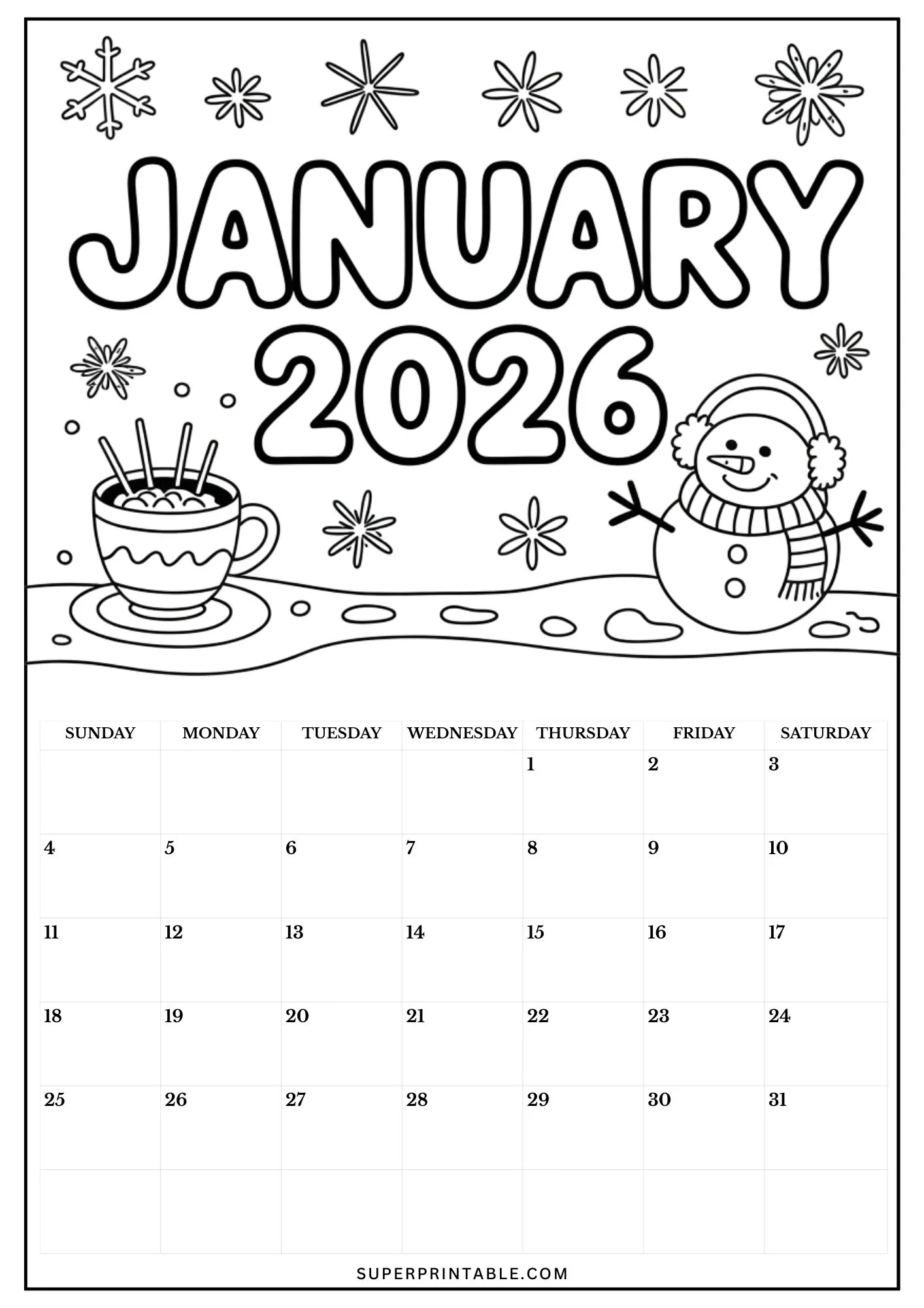 2026 Calendar Coloring Pages 1