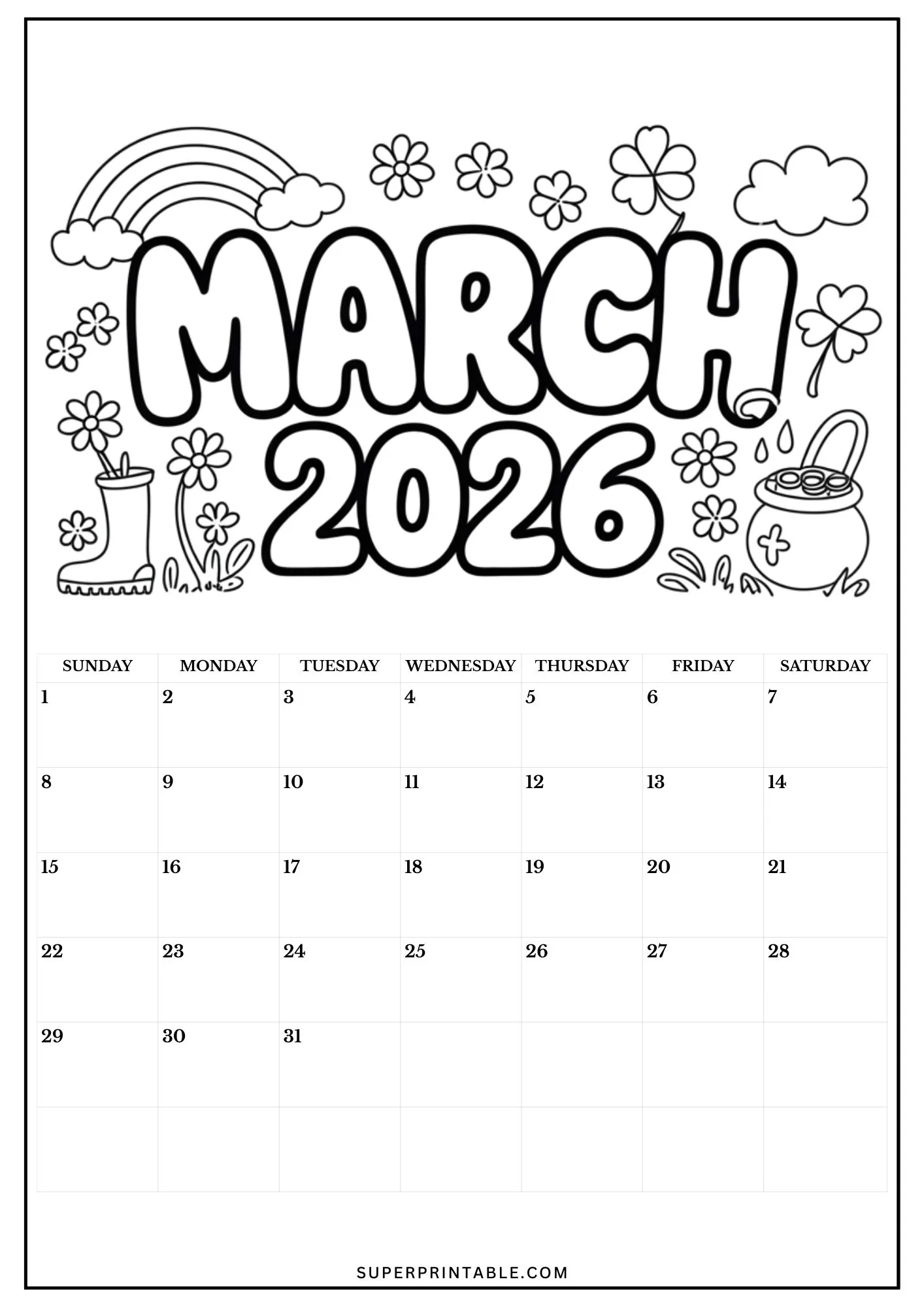 2026 Calendar Coloring Pages 3