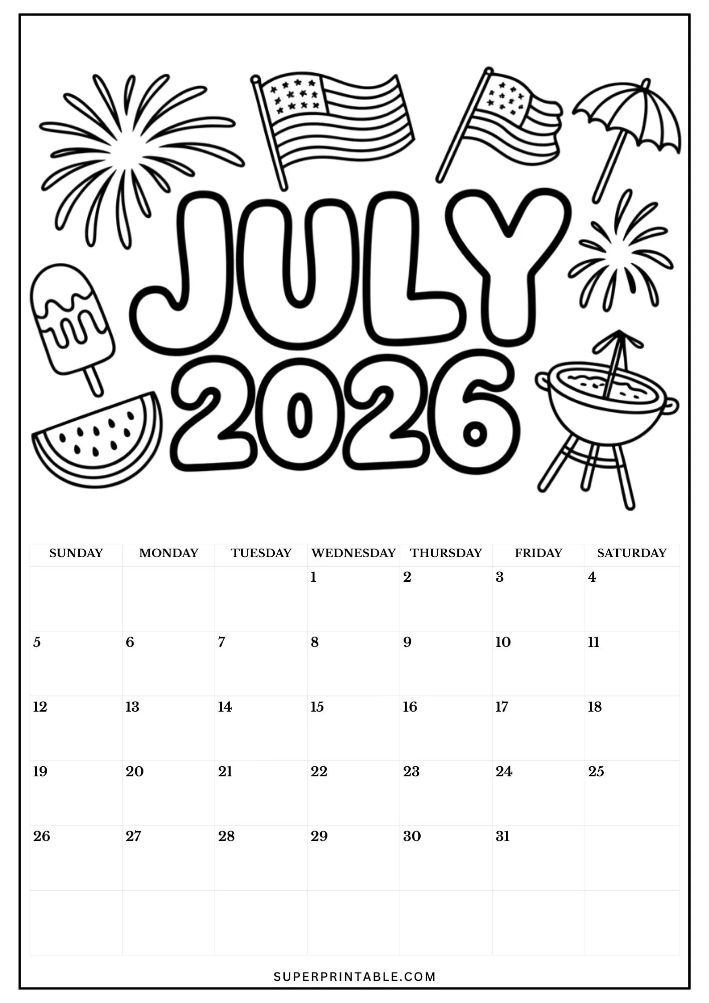 2026 Calendar Coloring Pages 7