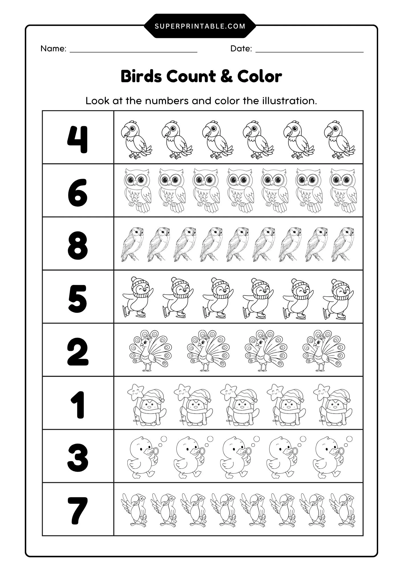 Birds Count & Color Activity Coloring Worksheet 7