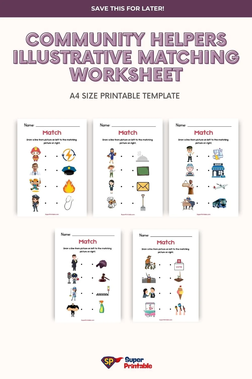 Community Helpers Illustrative Matching Worksheet Pinterest Image